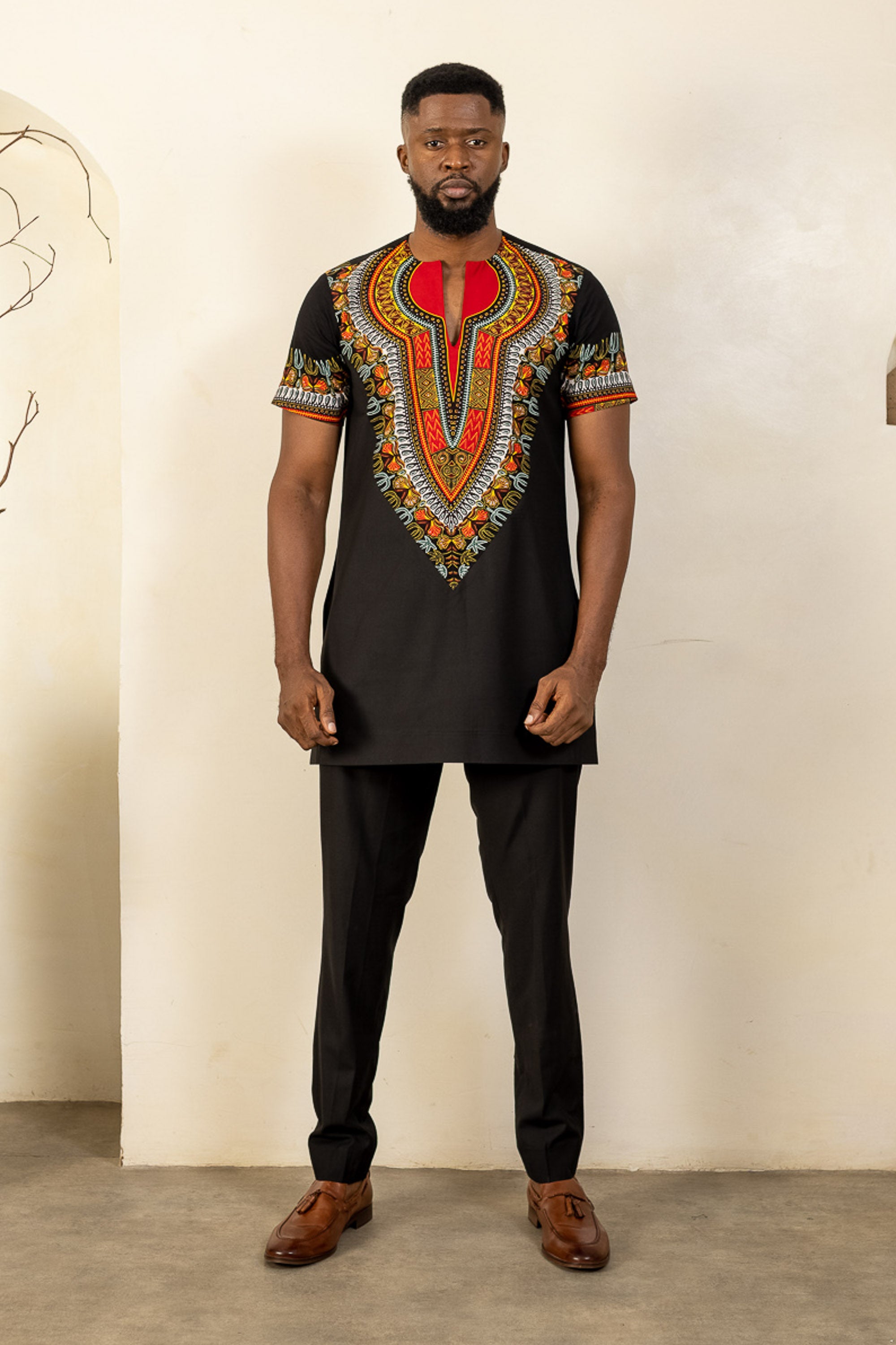 ABDALLA African Senator Suit - Men in black, red, black ankara, senator print, handcrafted in Nigeria by Naborhi