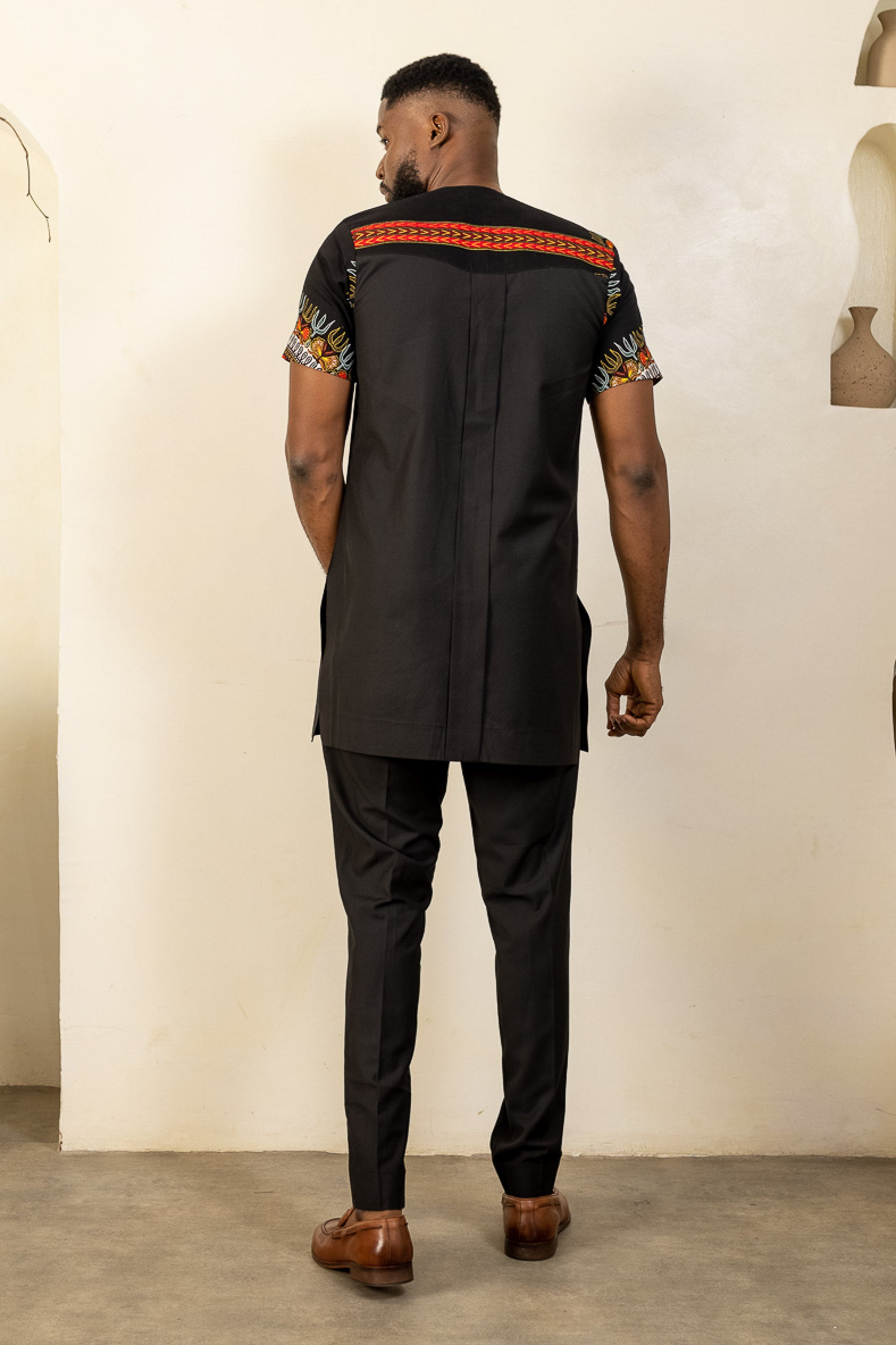 ABDALLA African Senator Suit - Men in black, red, black ankara, senator print, handcrafted in Nigeria by Naborhi