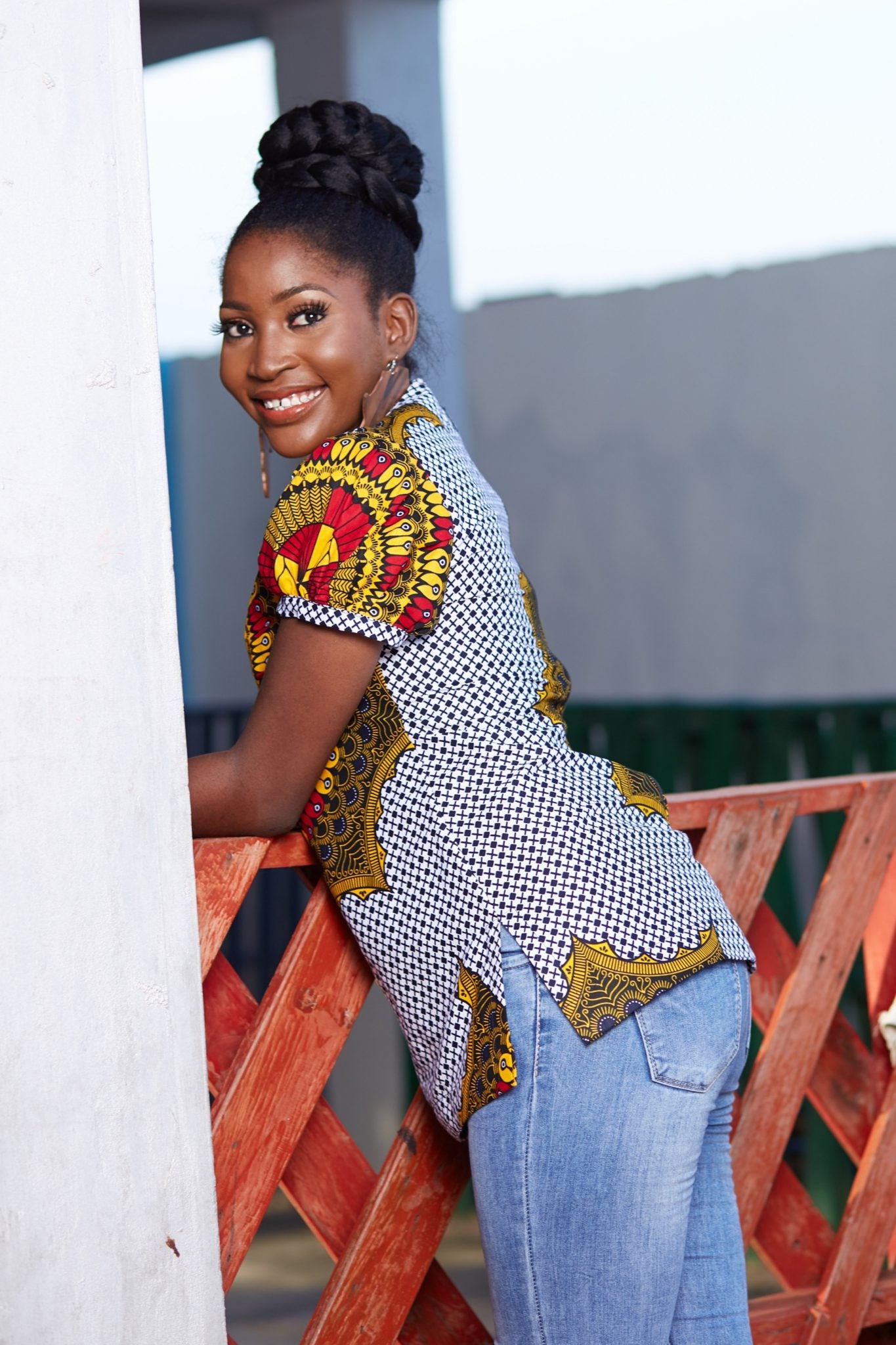 OLUSOLA African Print Ankara Short Sleeve Top (White, Yellow)