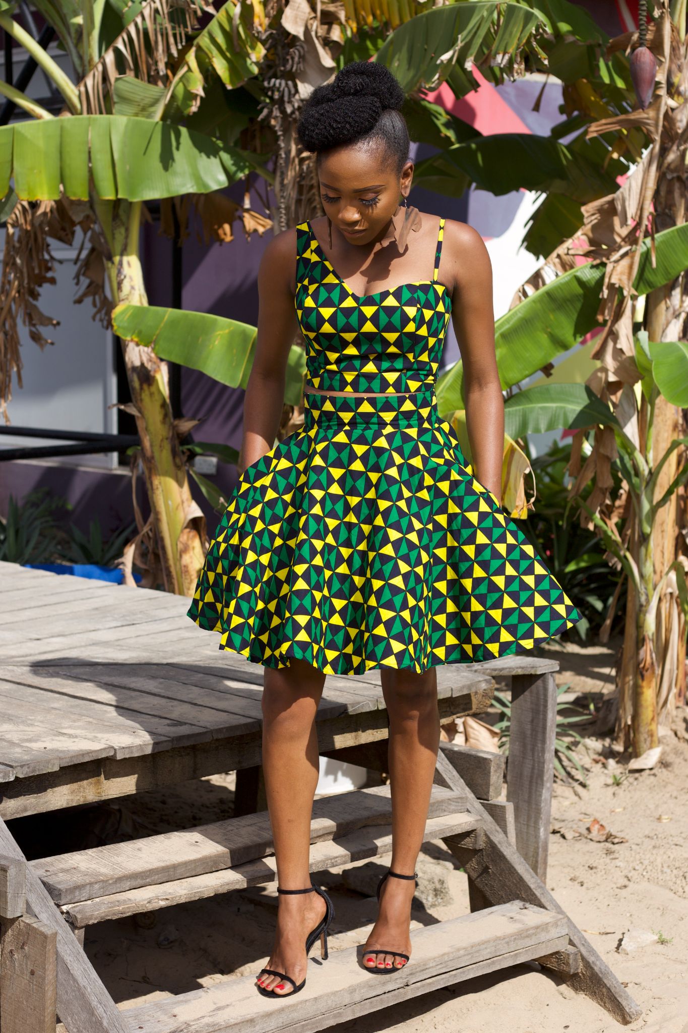 DINMA African Print Ankara Short Flared Skirt (Green, Yellow, Black)