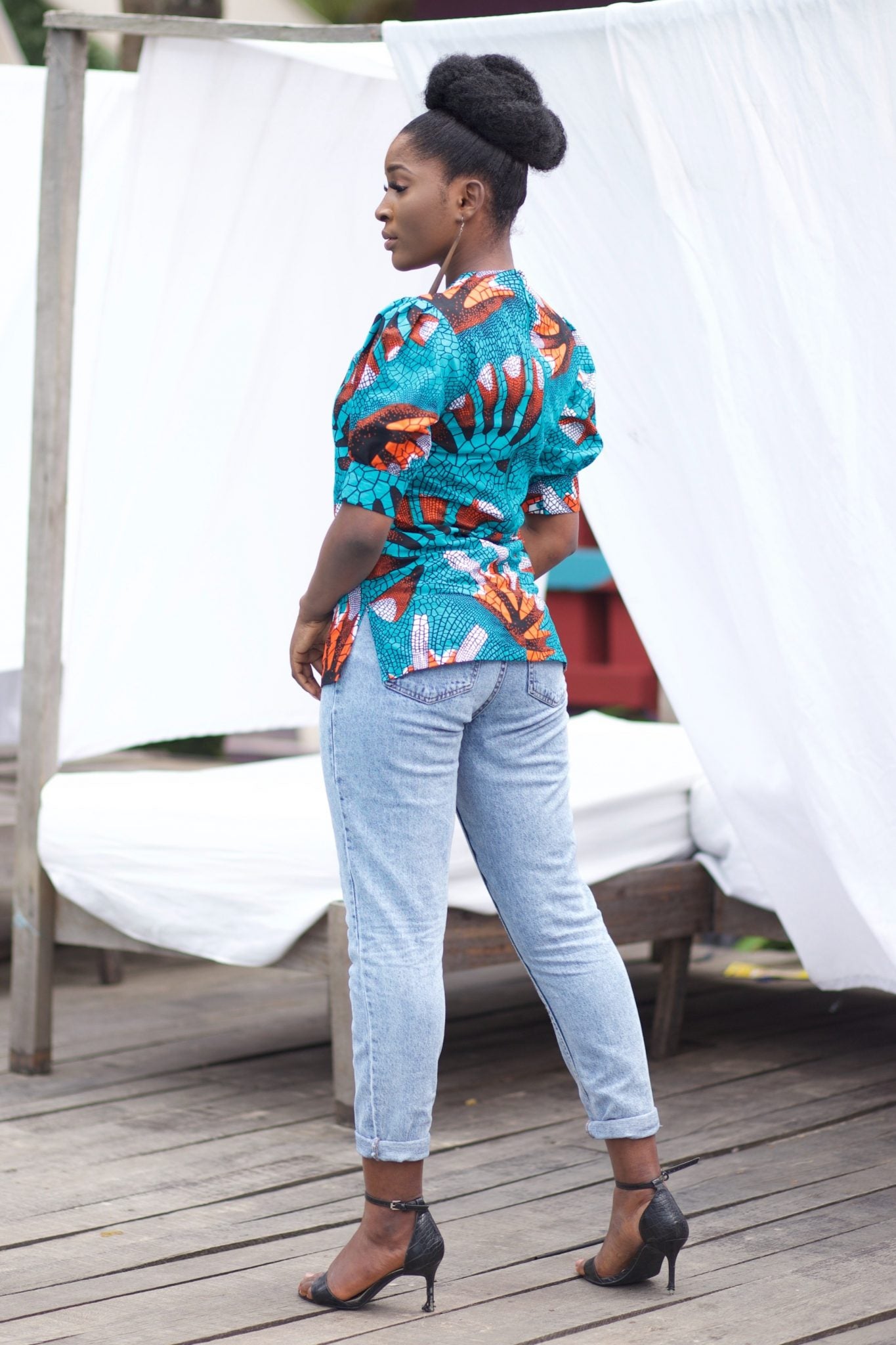 KAEFFY African Print Ankara Puff Sleeve Top (Turquoise, Orange)