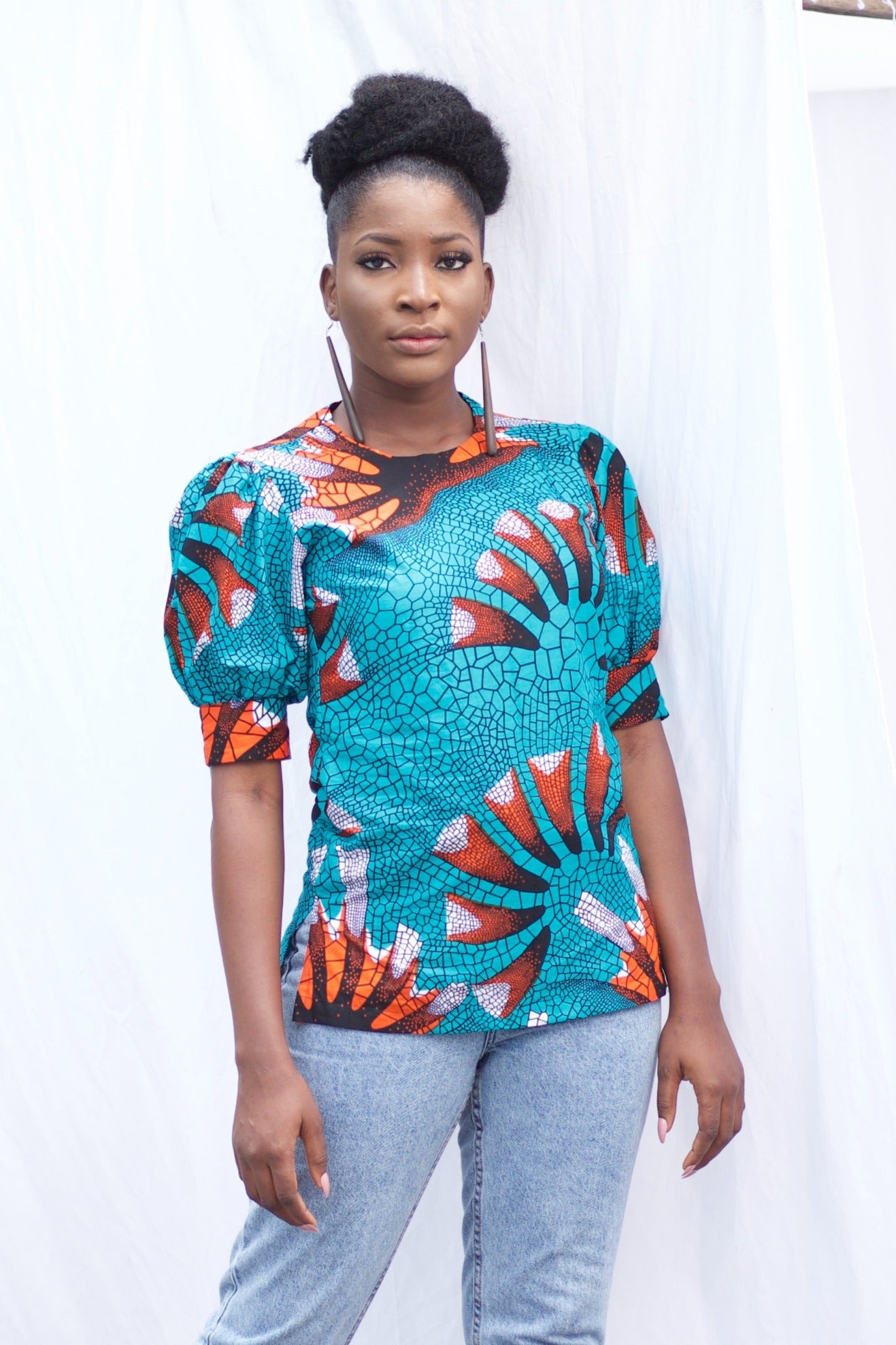 KAEFFY African Print Ankara Puff Sleeve Top (Turquoise, Orange)