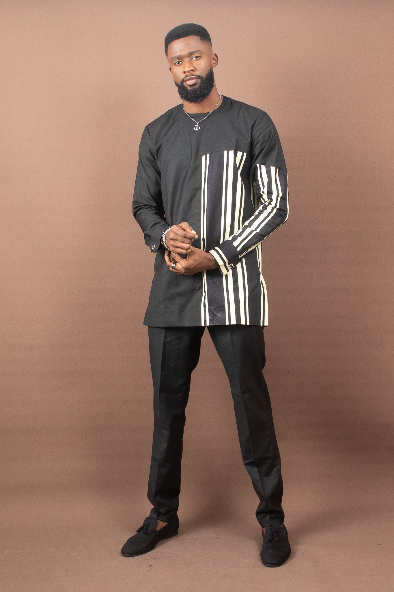 AJALA African Print Striped Ankara Suit, Black