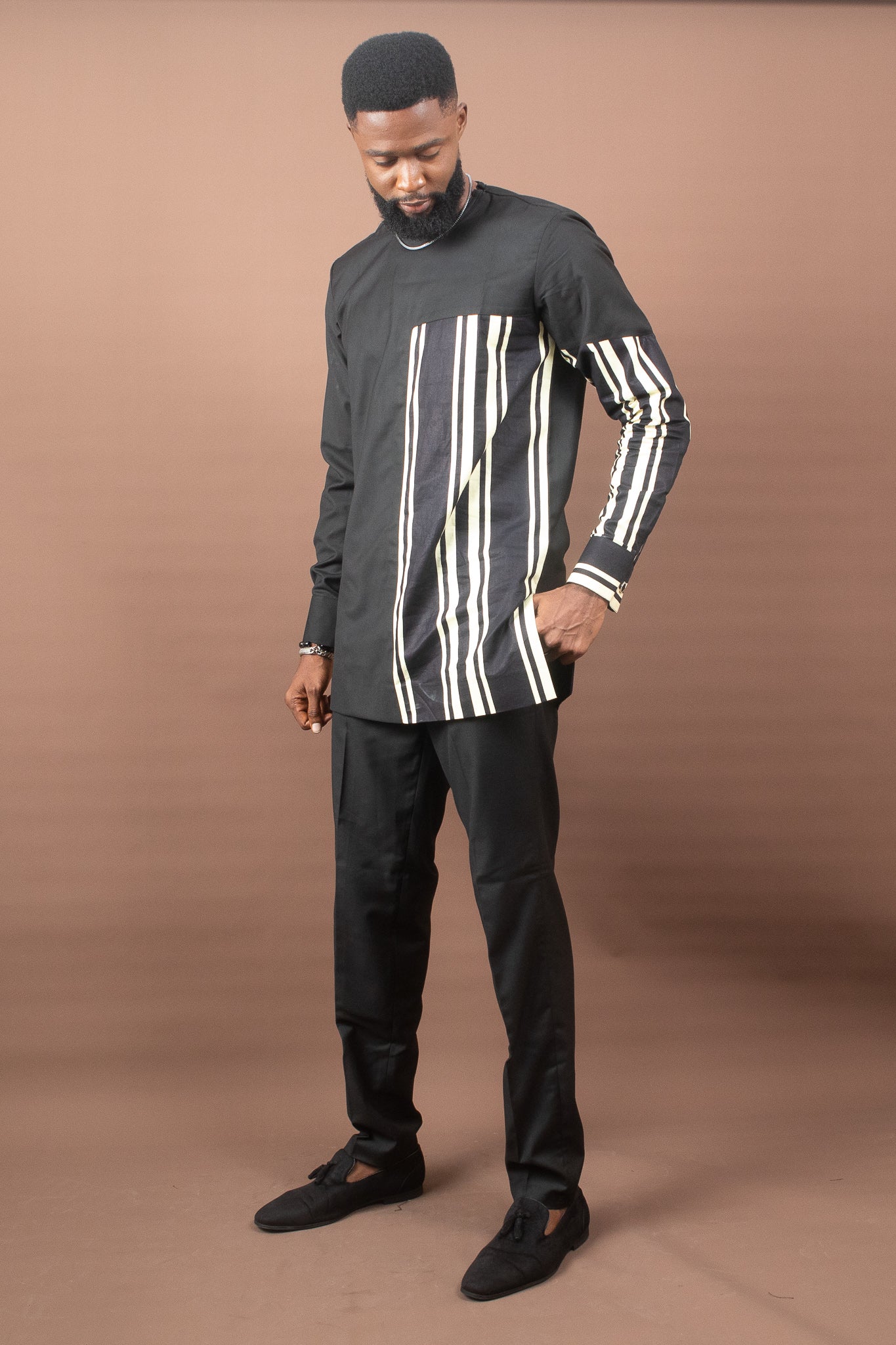 AJALA African Print Striped Ankara Suit, Black