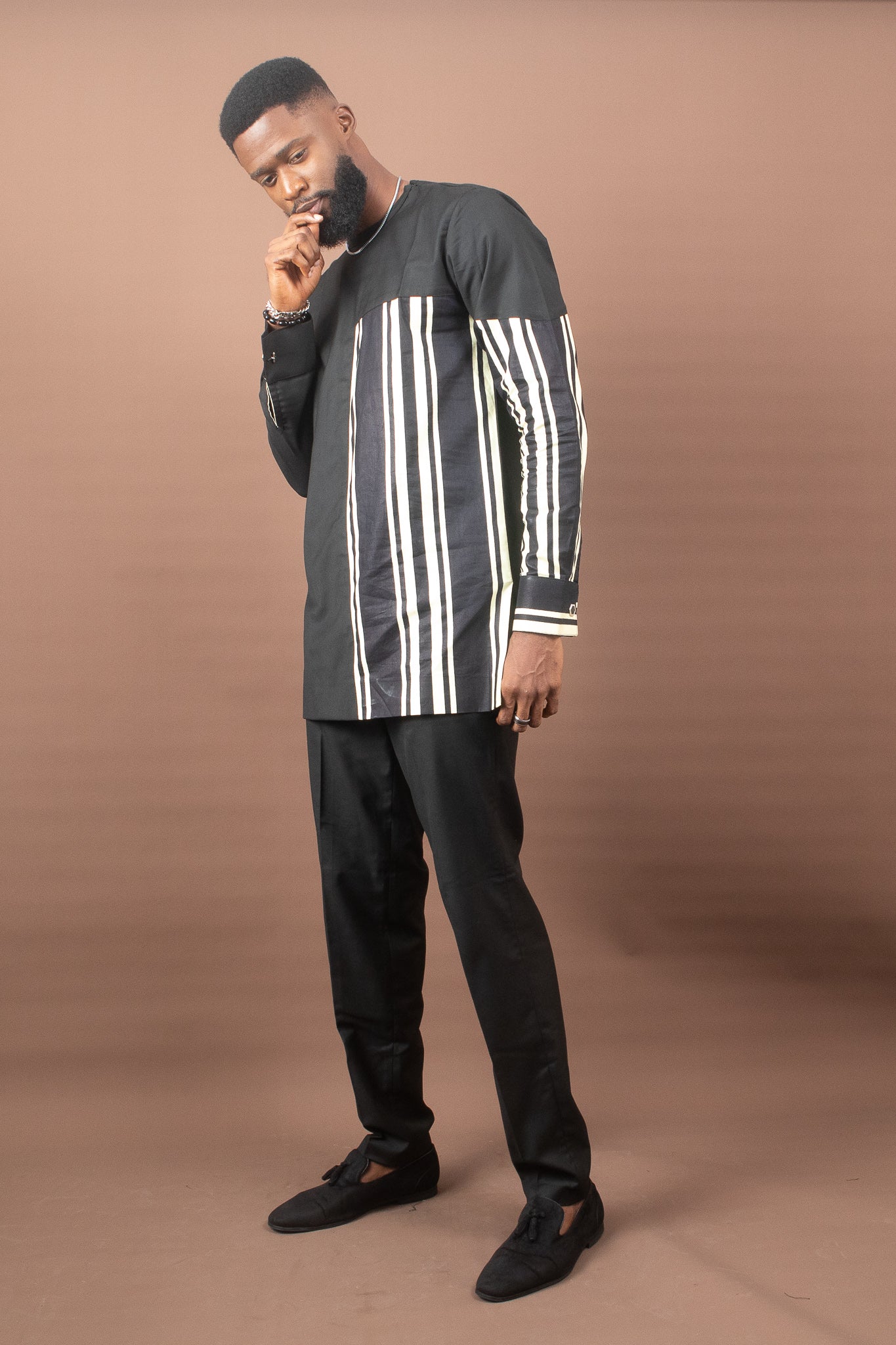 AJALA African Print Striped Ankara Suit, Black