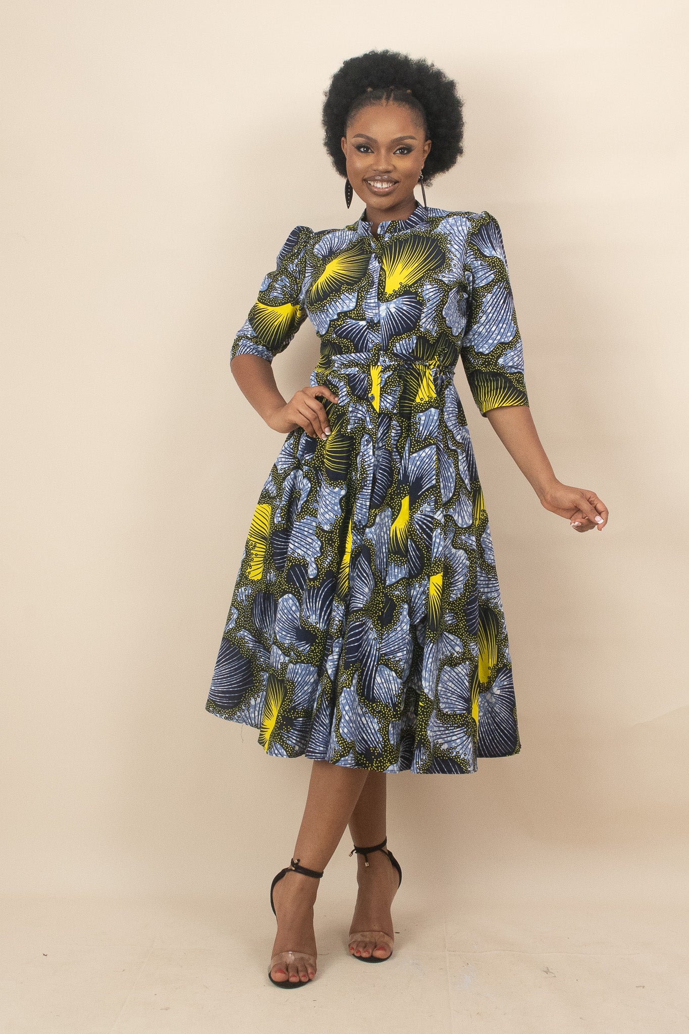 ALALI African Print Ankara Floral Midi Shirt dress