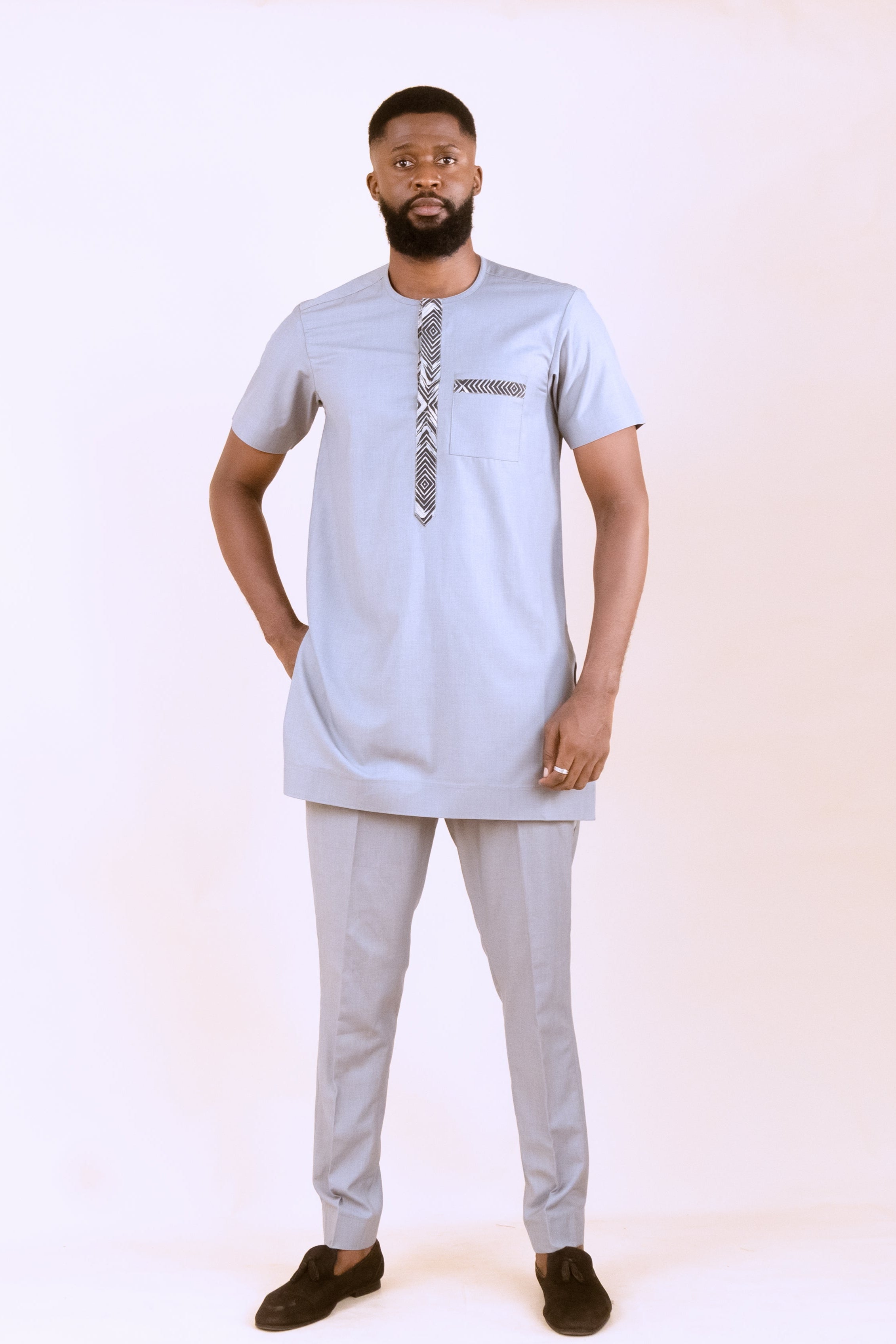 EKIO – Ankara African Print Two Piece Suit (Light Grey)