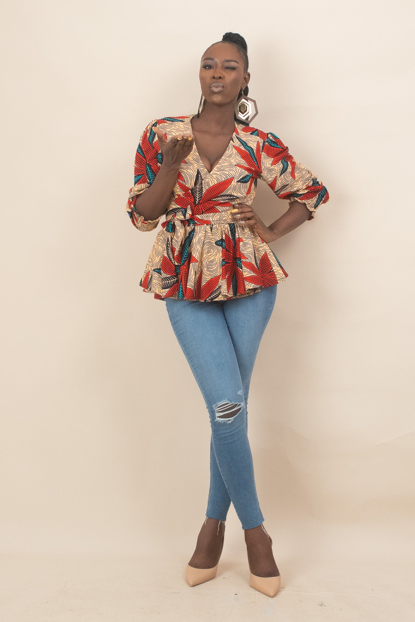 ENORE African Print Floral Long Sleeve Wrap Top