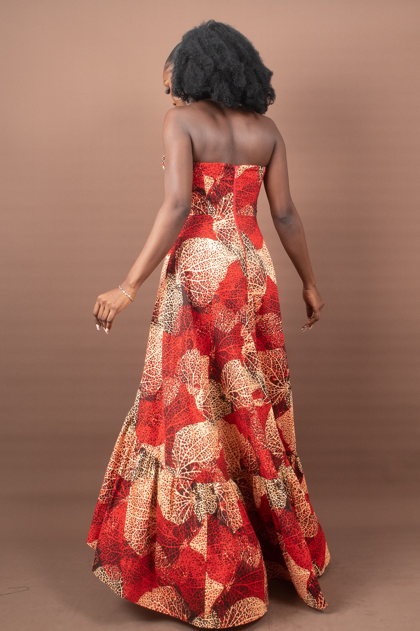 KABILI African Print Ankara Strapless High Low Maxi Dress, Red