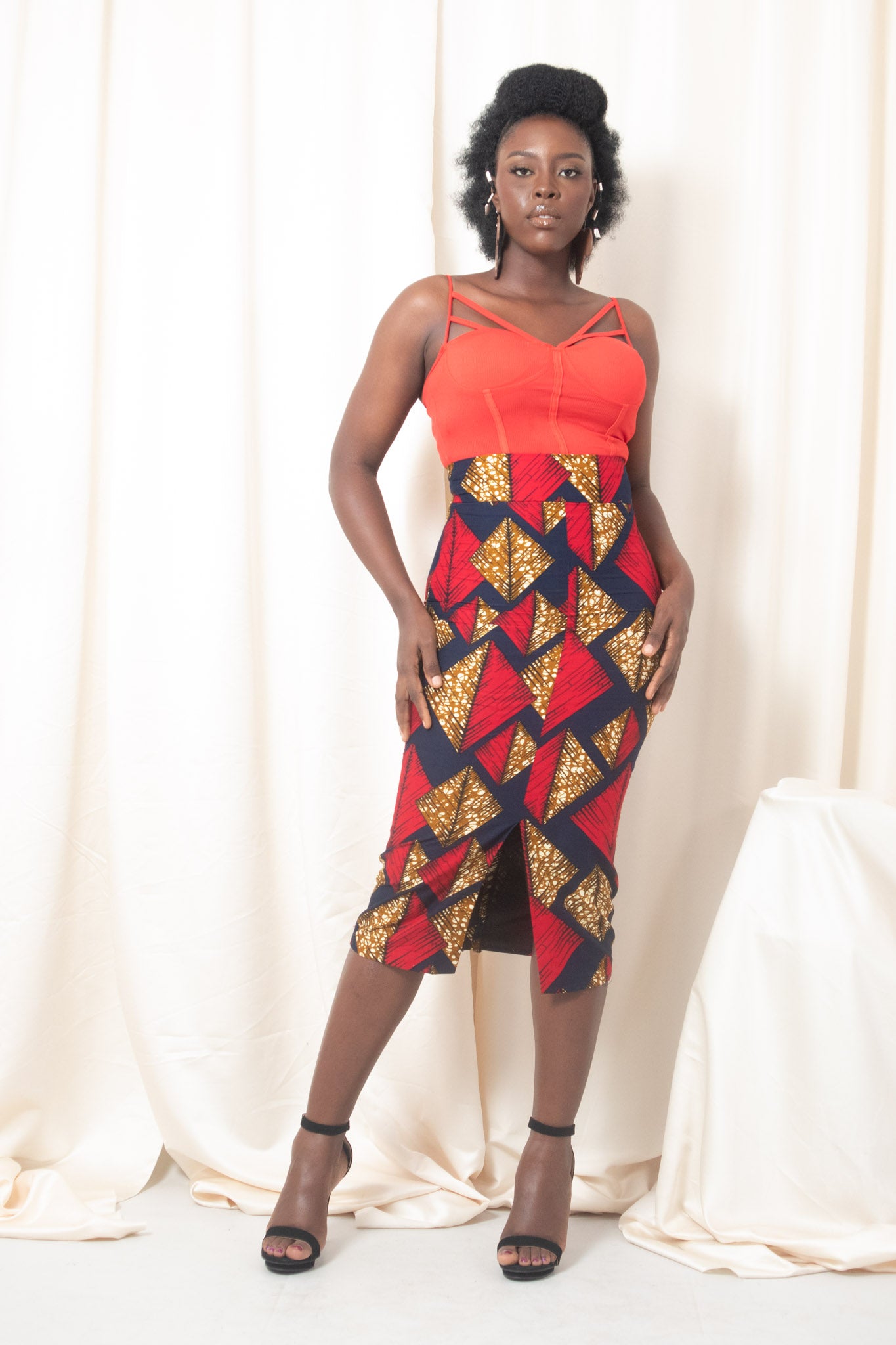 KURON African Print Midi Pencil Skirt Red,Blue