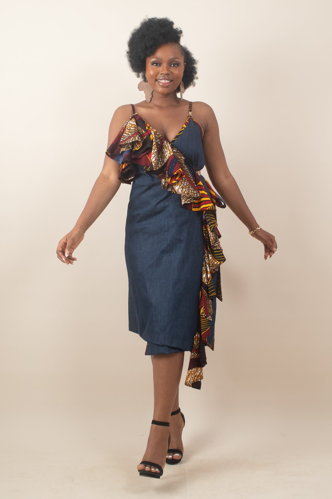 MARIE Ankara & Denim Wrap Dress - Women MARIE Ankara & Denim Wrap Dress - Women