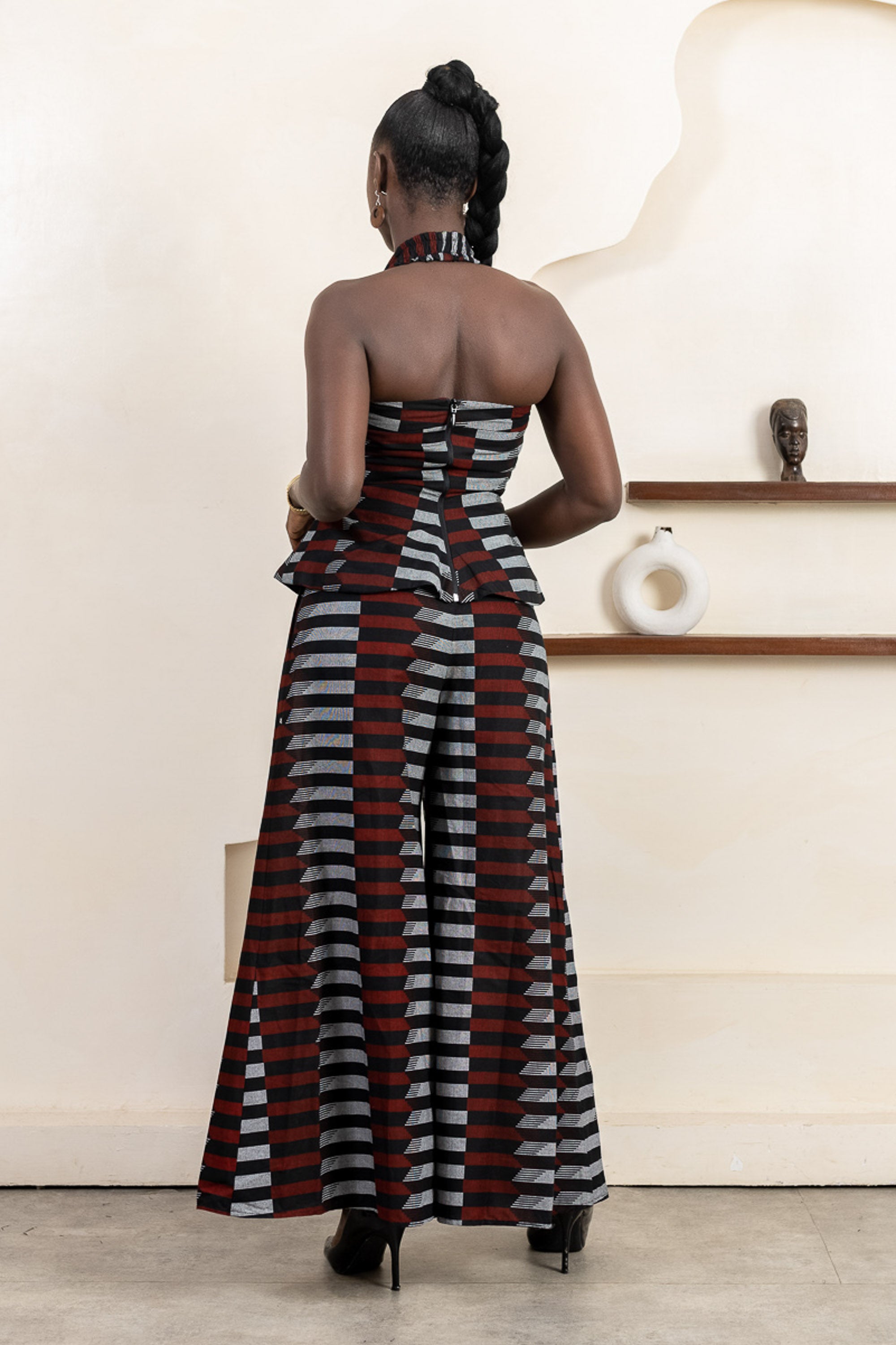 MOYA Ankara Halter Top - Women in red, black, white ankara print, handcrafted in Nigeria by Naborhi