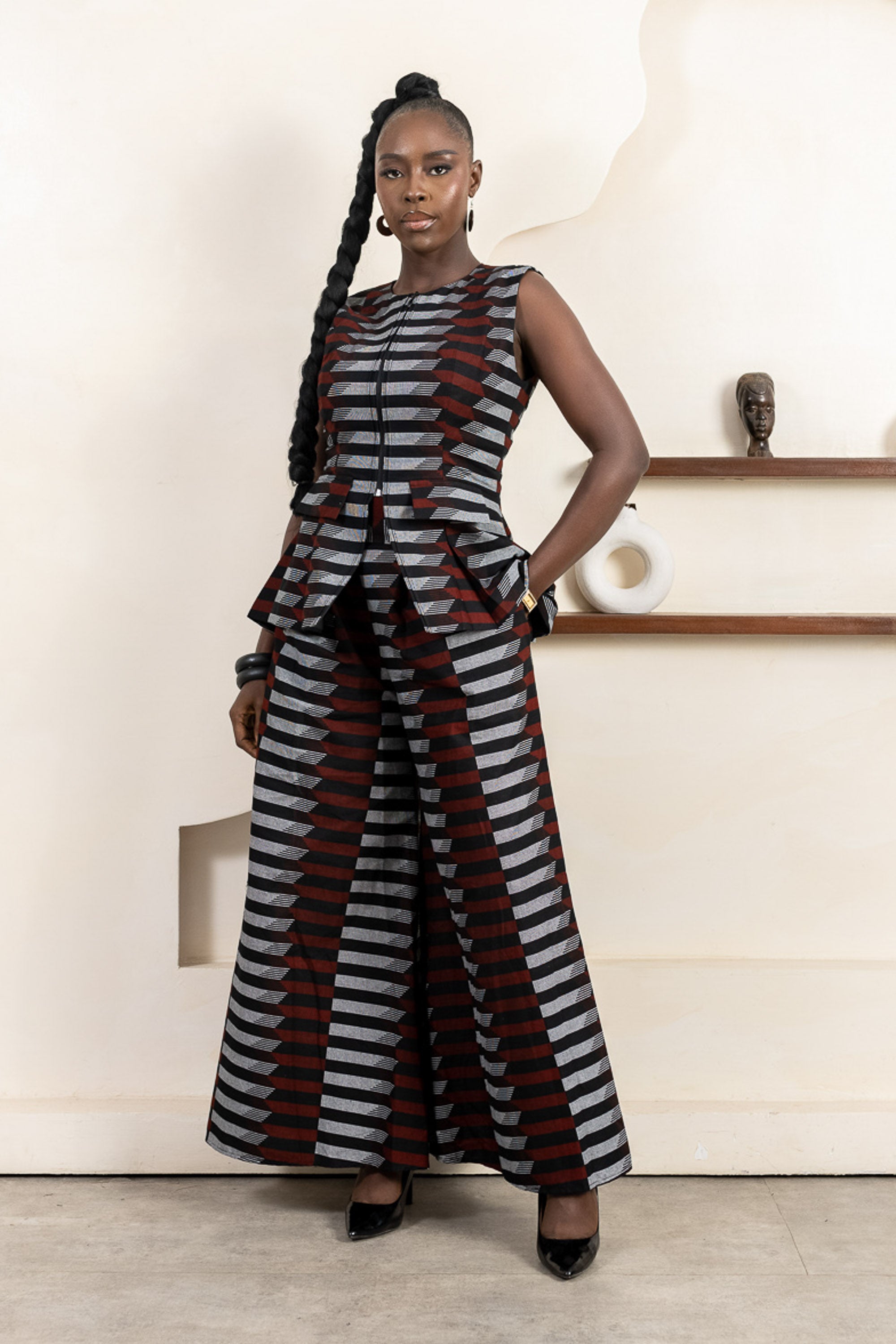MOYA Ankara Waistcoat - Women in red, black, white ankara print, handcrafted in Nigeria by Naborhi