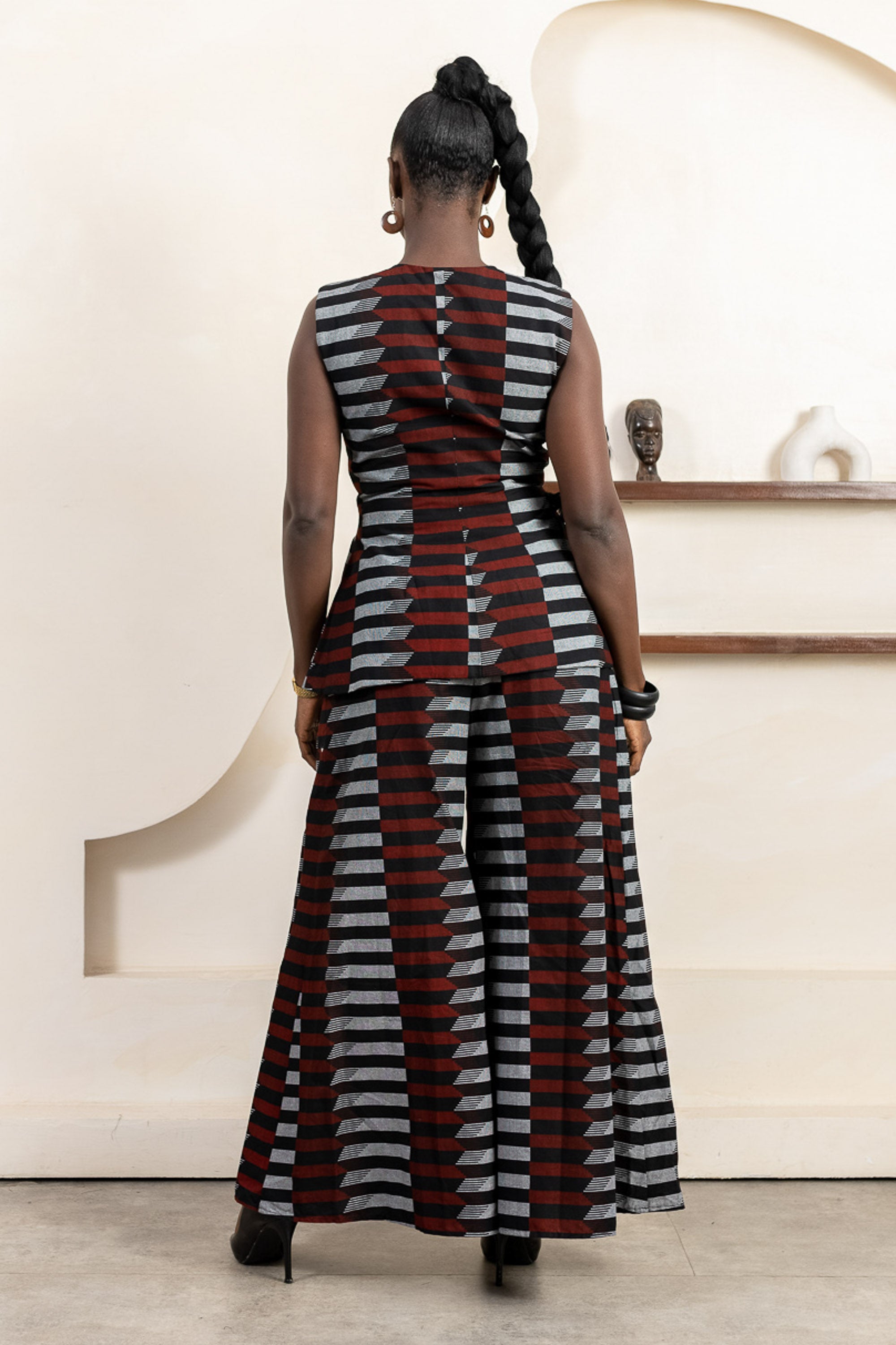 MOYA Ankara Waistcoat - Women in red, black, white ankara print, handcrafted in Nigeria by Naborhi