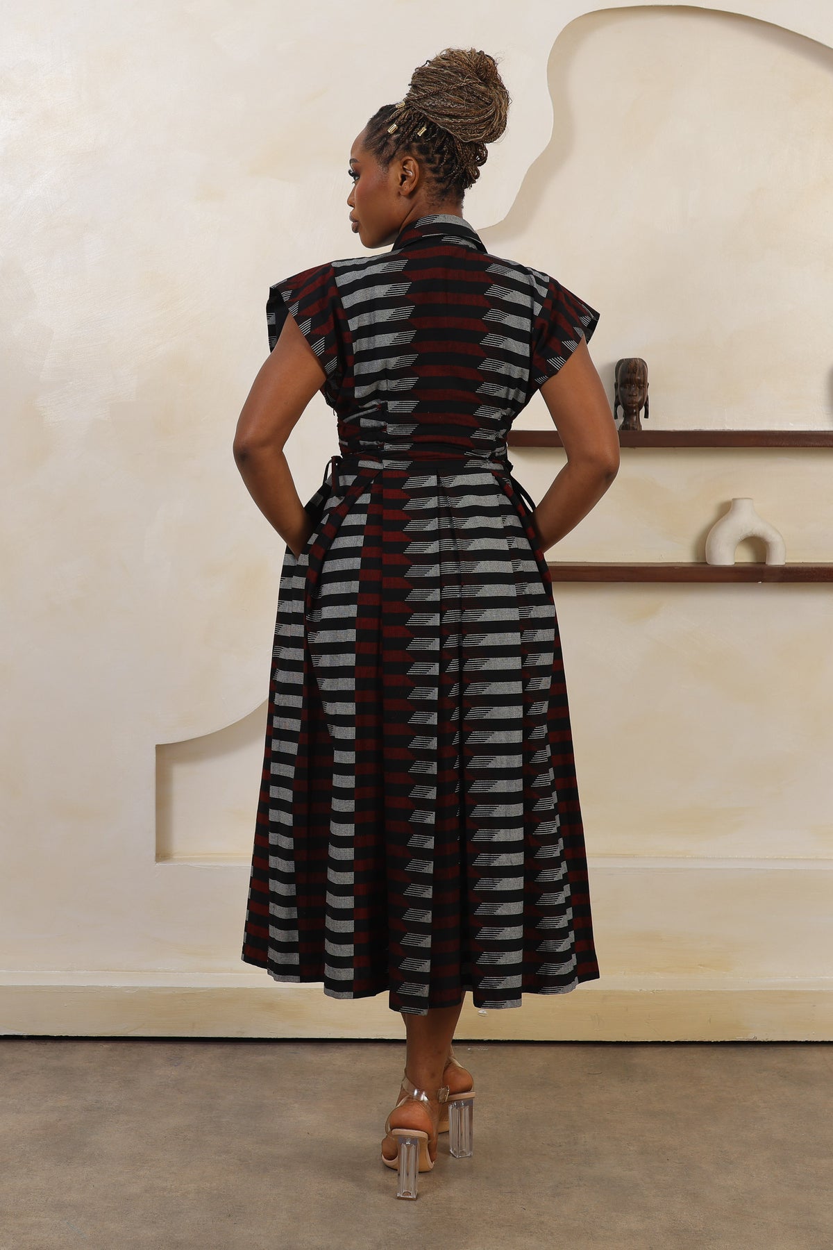 MOYA Ankara Midi Shirt Dress - Women in red, black, white ankara print, handcrafted in Nigeria by Naborhi
