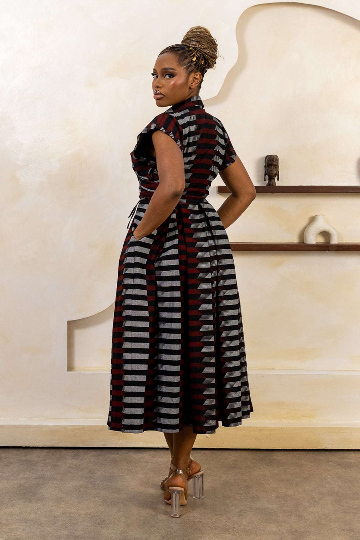 MOYA Ankara Midi Shirt Dress red, black, white ankara print, handcrafted in Nigeria by Naborhi