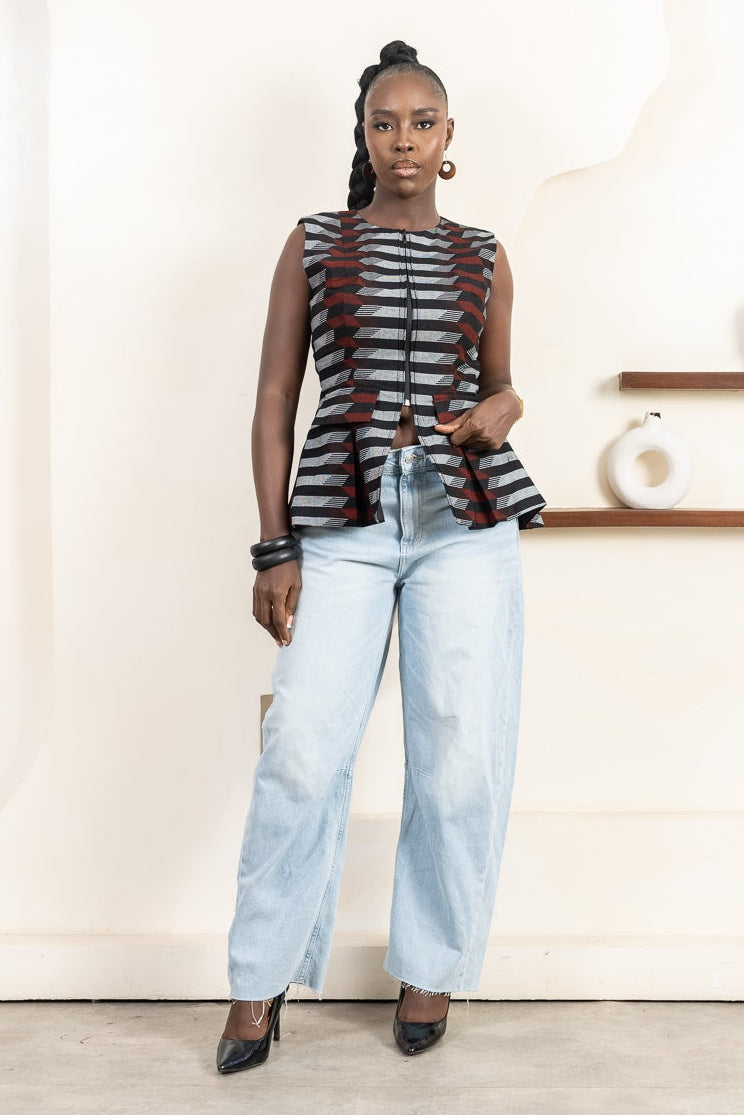 Moya Ankara Waist Coat for women with Barrel Jeans