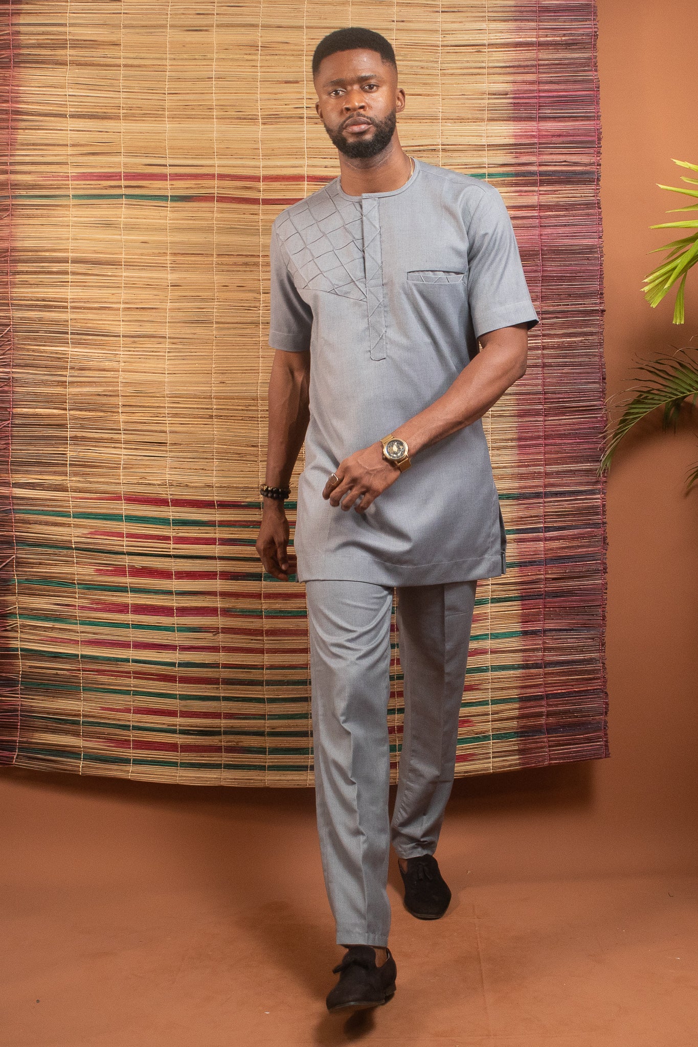 TEGA African Short Sleeve Trouser Suit, Grey