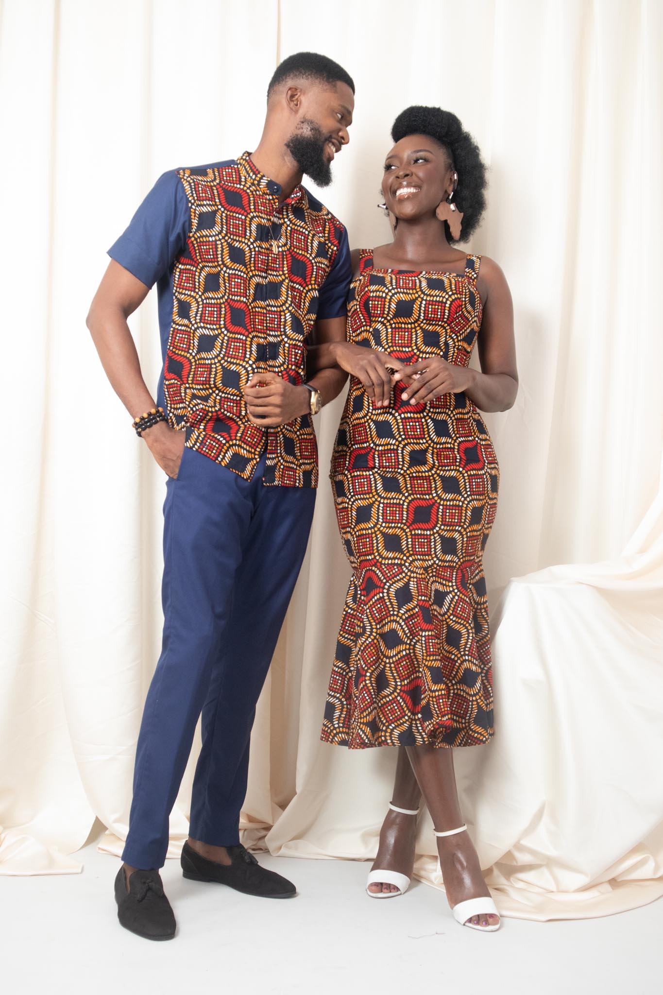 TENE African Print Pephem Midi Dress - Red,Blue