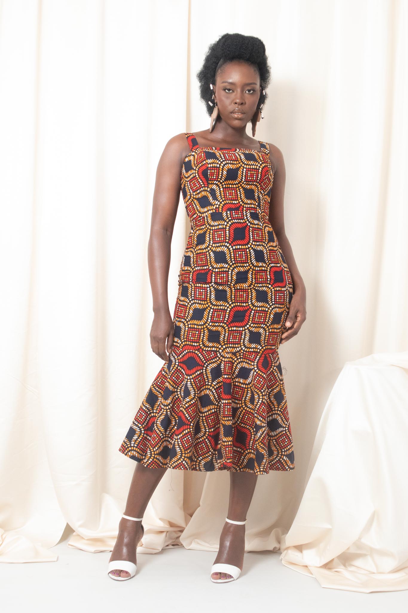 TENE African Print Pephem Midi Dress - Red,Blue