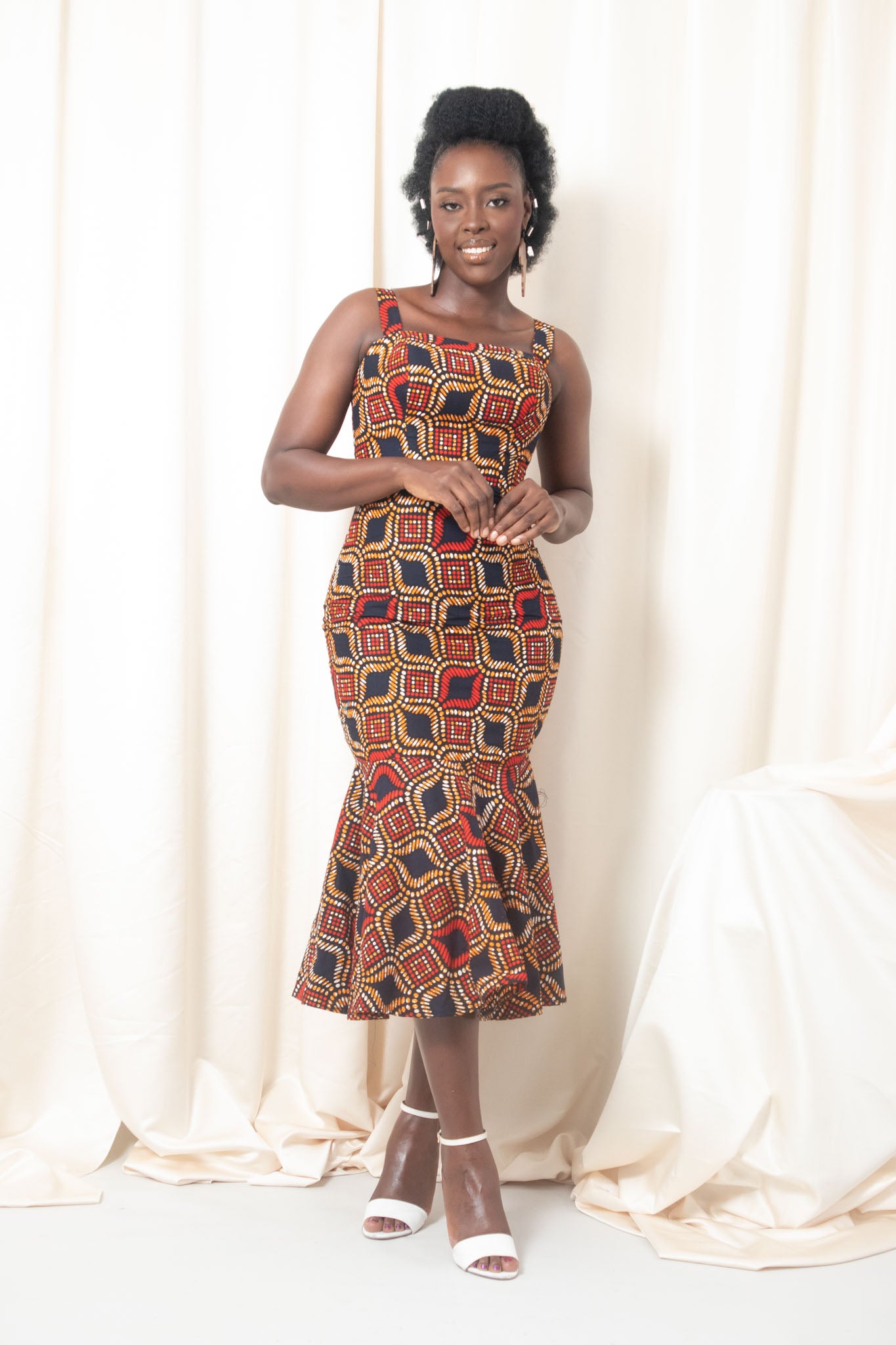 TENE African Print Pephem Midi Dress - Red,Blue