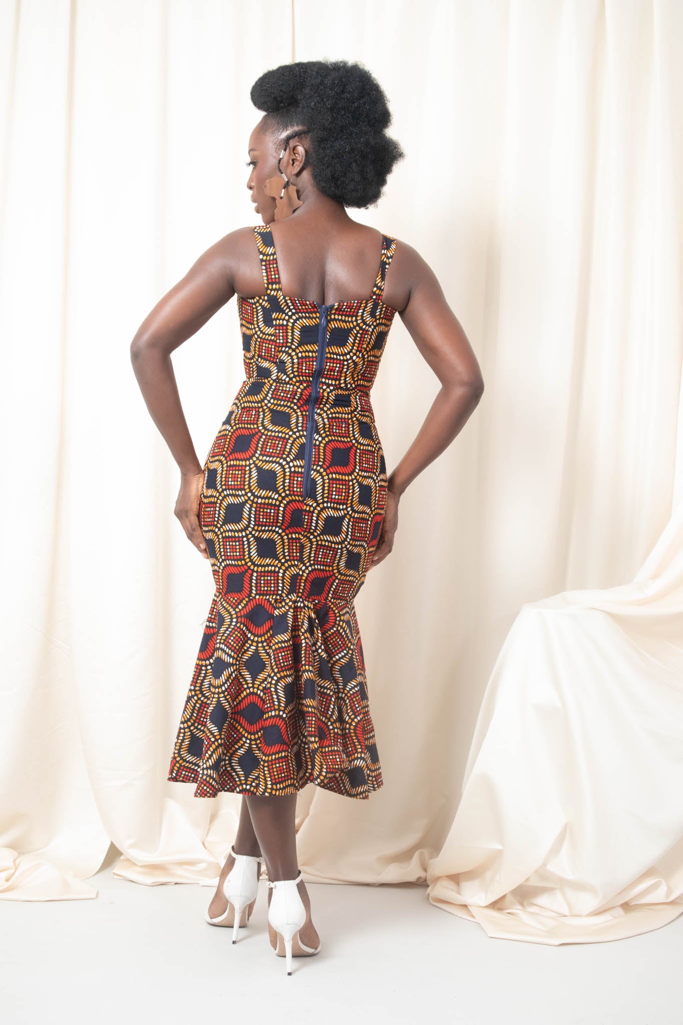 TENE African Print Pephem Midi Dress - Red,Blue