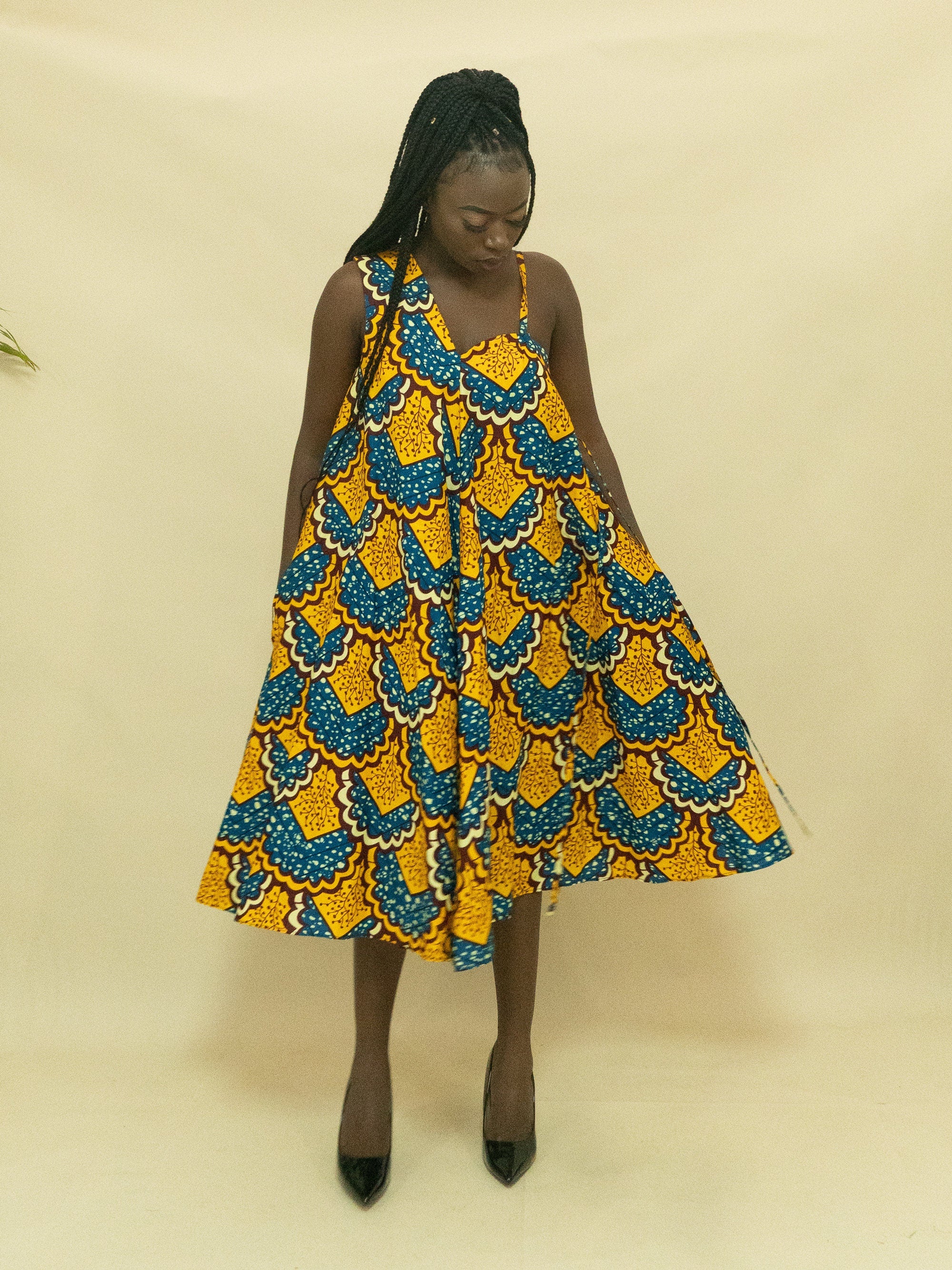 Sample: EREBI Ankara One Shoulder Midi Dress - Women (Size UK 10) detail — handcrafted in Nigeria by Naborhi