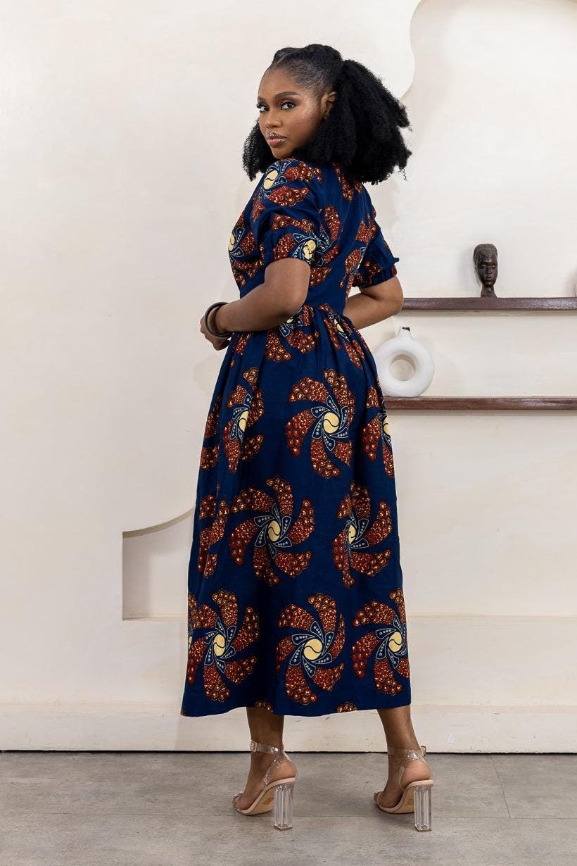 HIJA Ankara Short Sleeve Midi Dress Dress — women's African print clothing by Naborhi