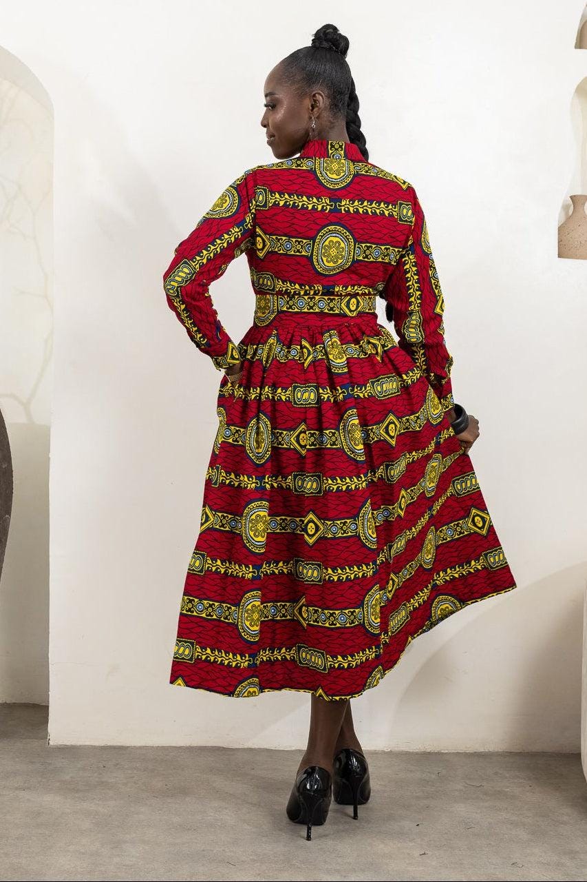 AMA Ankara Long Sleeve Midi Dress detail — handcrafted in Nigeria by Naborhi