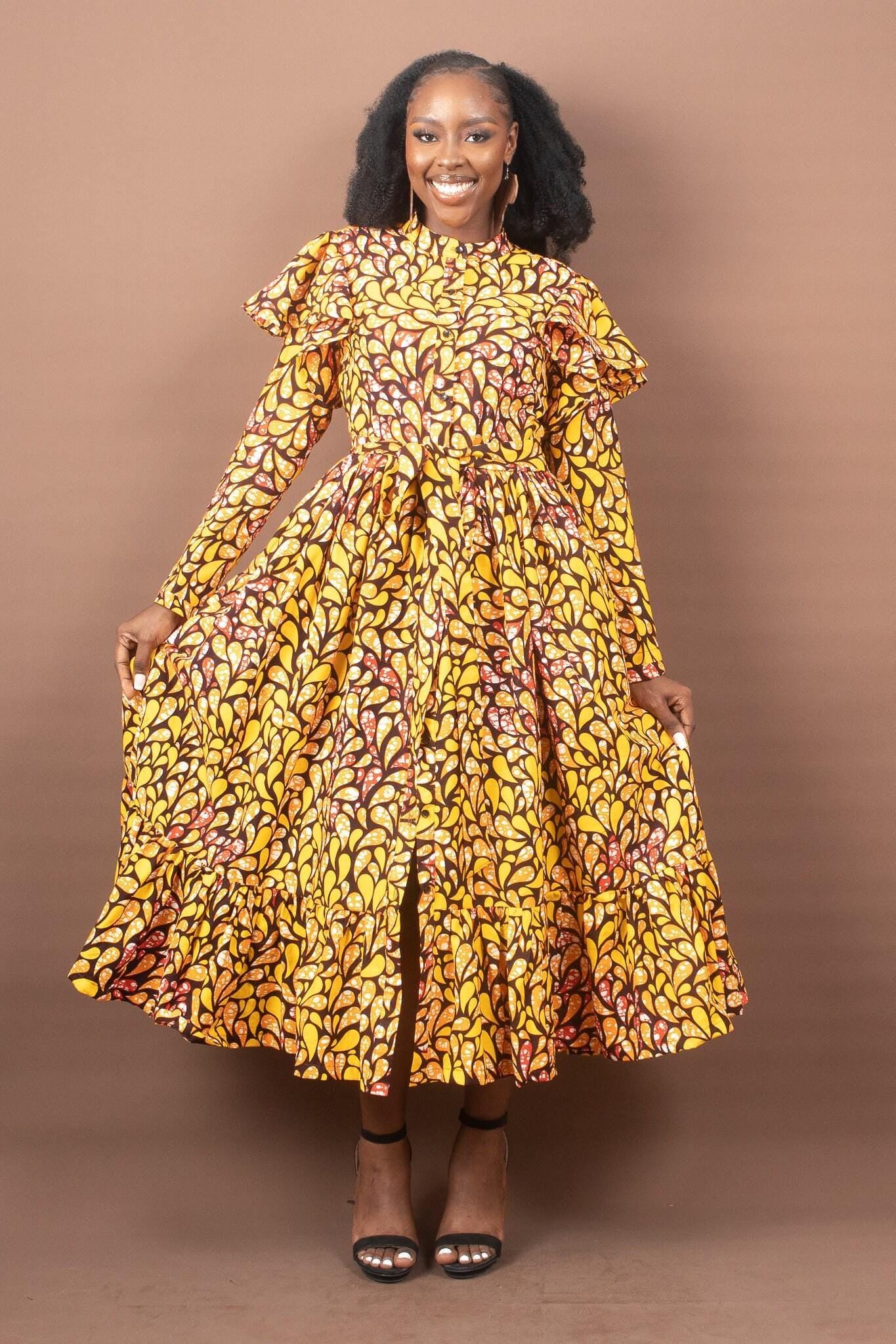 Sample: AHYANA Ankara Midi Shirt Dress - Women (Size UK 10) detail — handcrafted in Nigeria by Naborhi