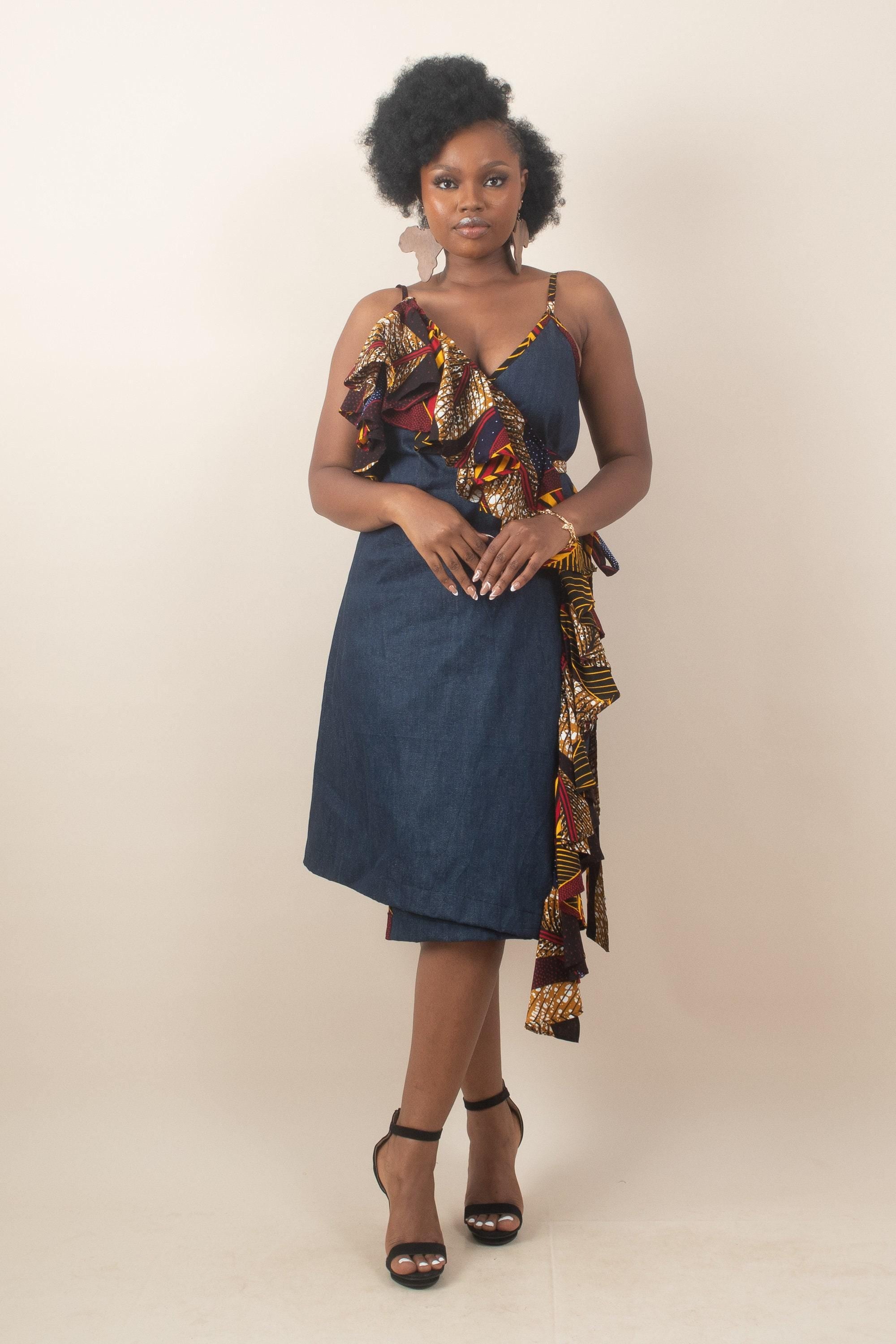 MARIE Ankara & Denim Wrap Dress — African print dress by Naborhi