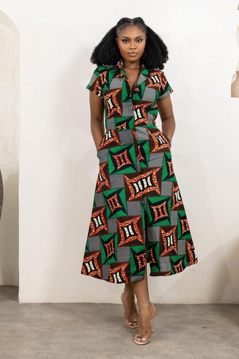 ALHERI Ankara Aline Midi Dress detail — handcrafted in Nigeria by Naborhi