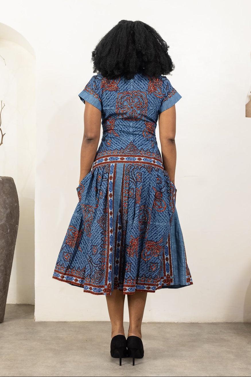 AHADI Ankara Short Sleeve Midi Dress Dress detail — handcrafted in Nigeria by Naborhi