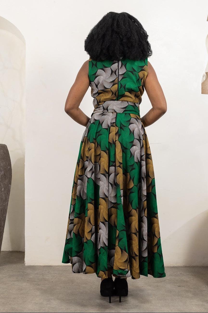 KESSIE Ankara Flared Maxi Dress detail — handcrafted in Nigeria by Naborhi
