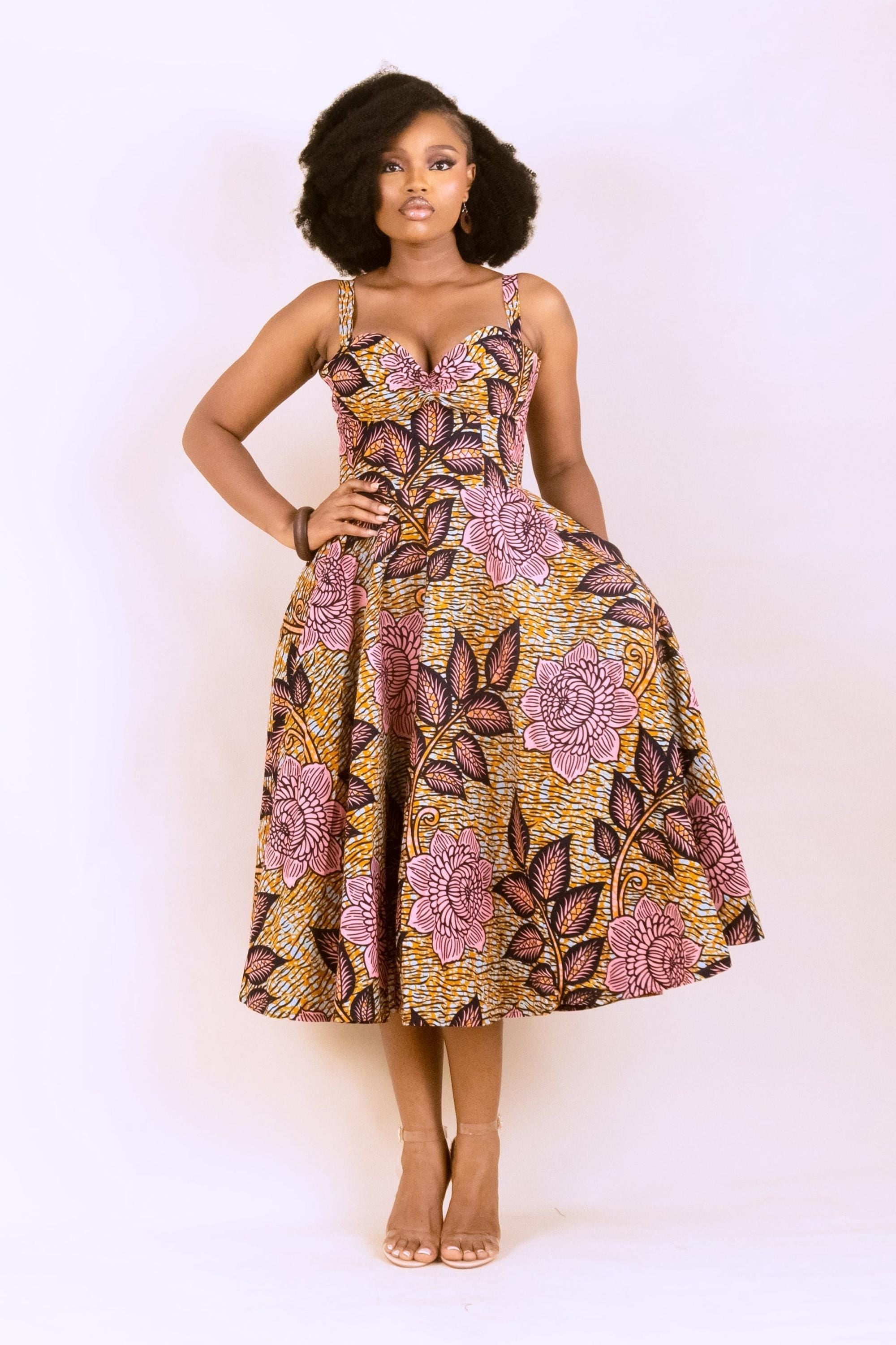SADE Ankara Flared Midi Dress detail — handcrafted in Nigeria by Naborhi