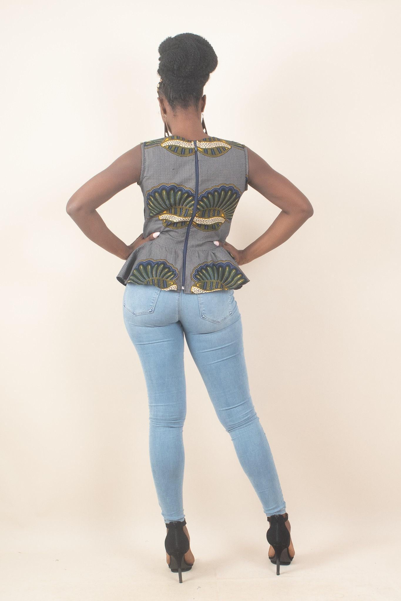 Sample: NIKE Ankara Peplum Top - Women (Size UK 10) detail — handcrafted in Nigeria by Naborhi
