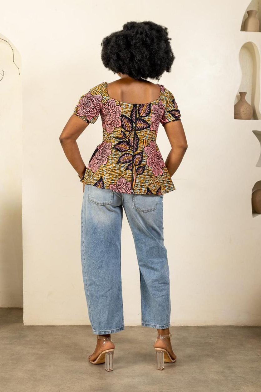 SADE Ankara Short Sleeve Top detail — handcrafted in Nigeria by Naborhi