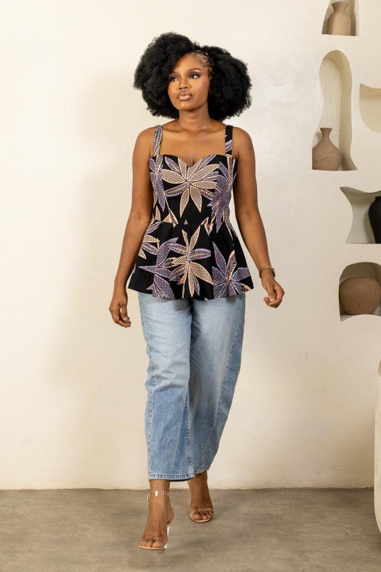 MBALI Ankara Spaghetti Strap Peplum Top detail — handcrafted in Nigeria by Naborhi