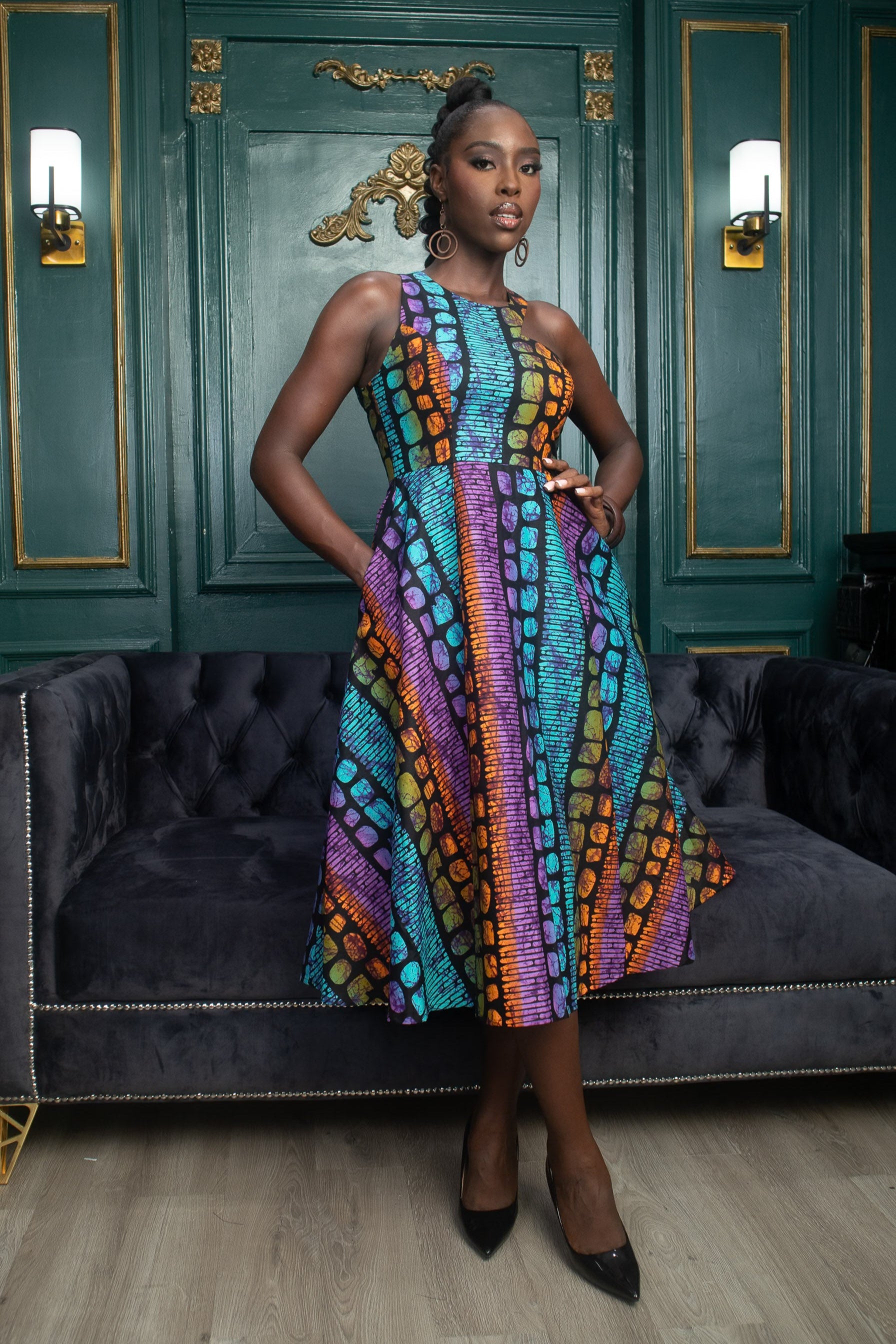 ODOSA – Ankara African Print Cut-Out Flared Midaxi Dress