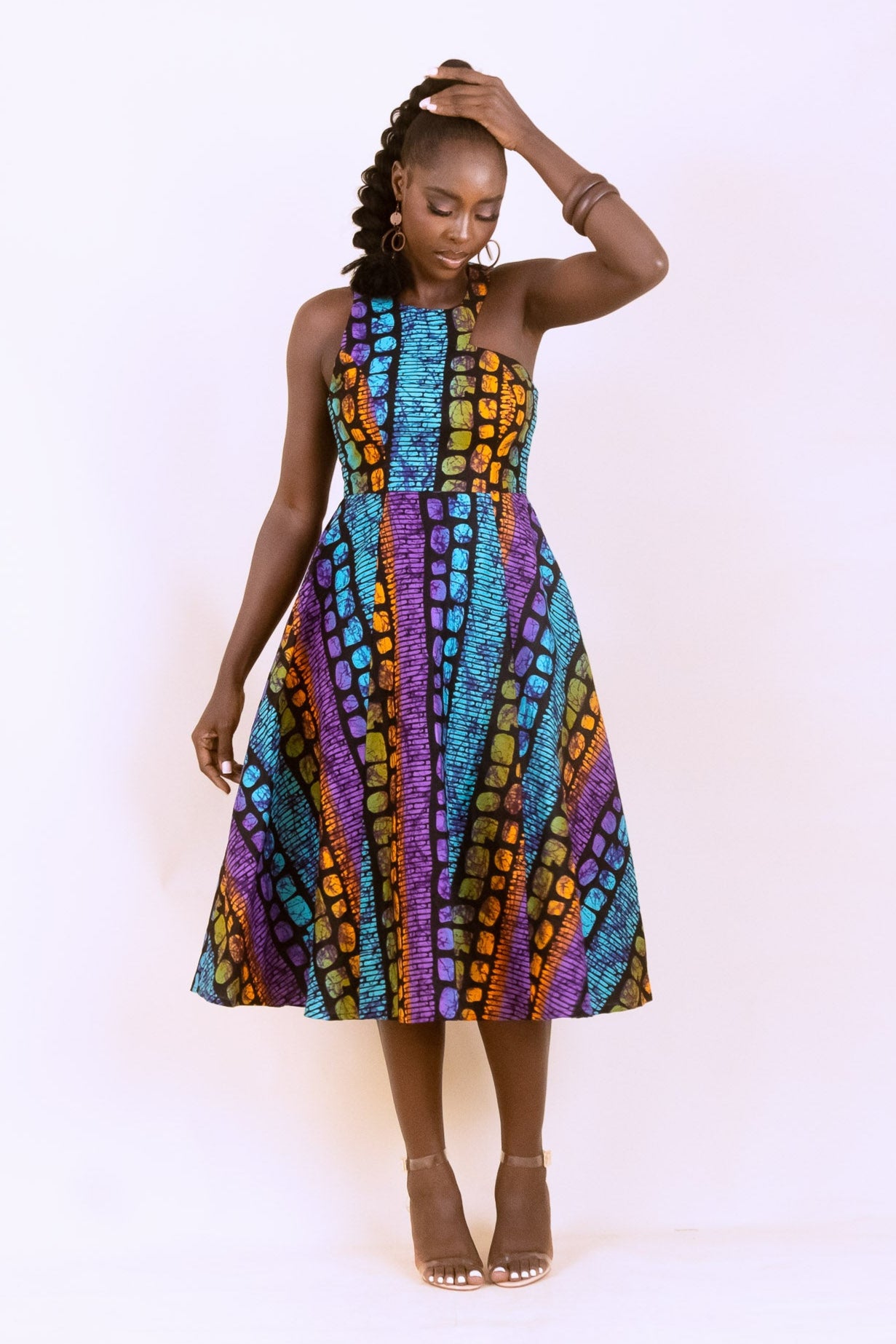 ODOSA – Ankara African Print Cut-Out Flared Midaxi Dress