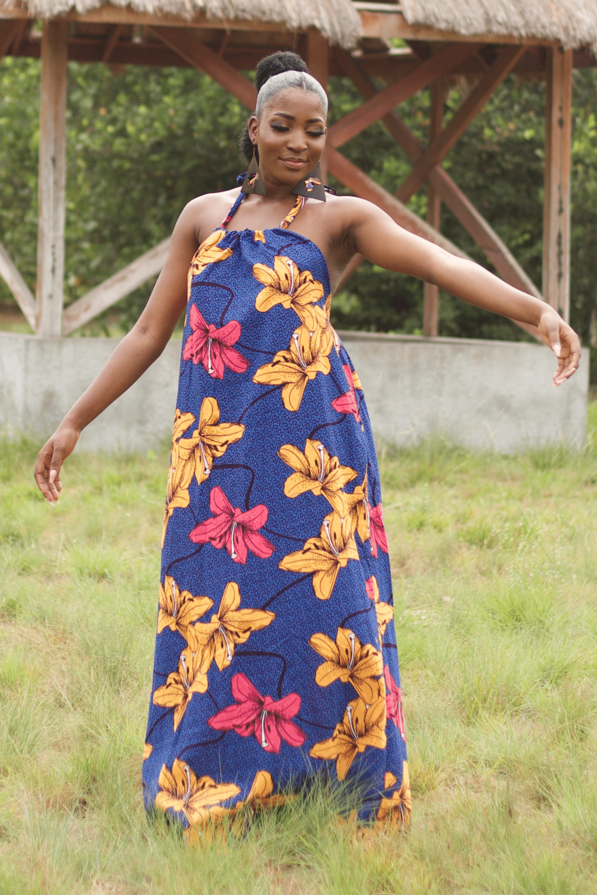 ADAORA African Print Ankara Maxi Dress (Blue, Floral)