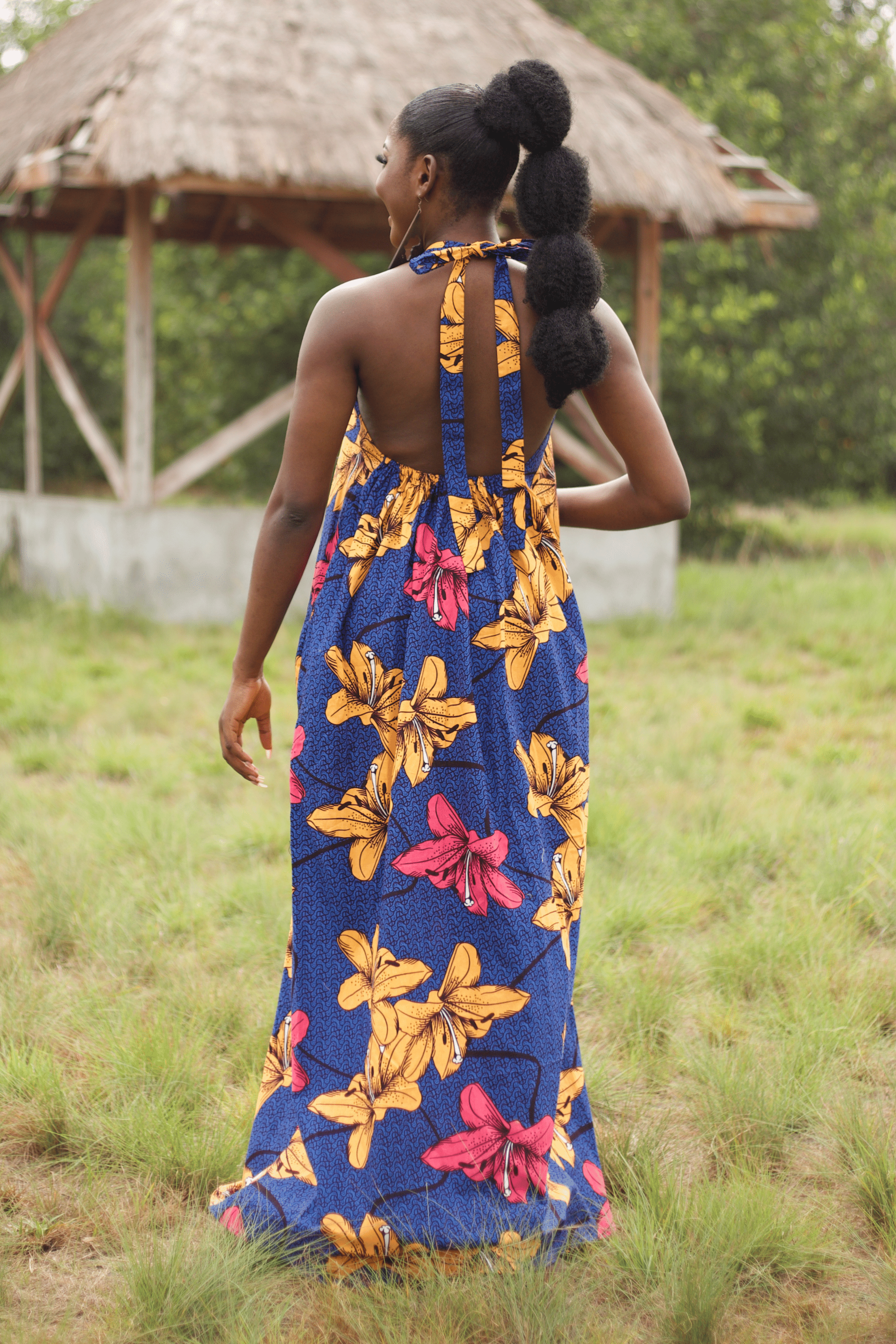 ADAORA African Print Ankara Maxi Dress (Blue, Floral)