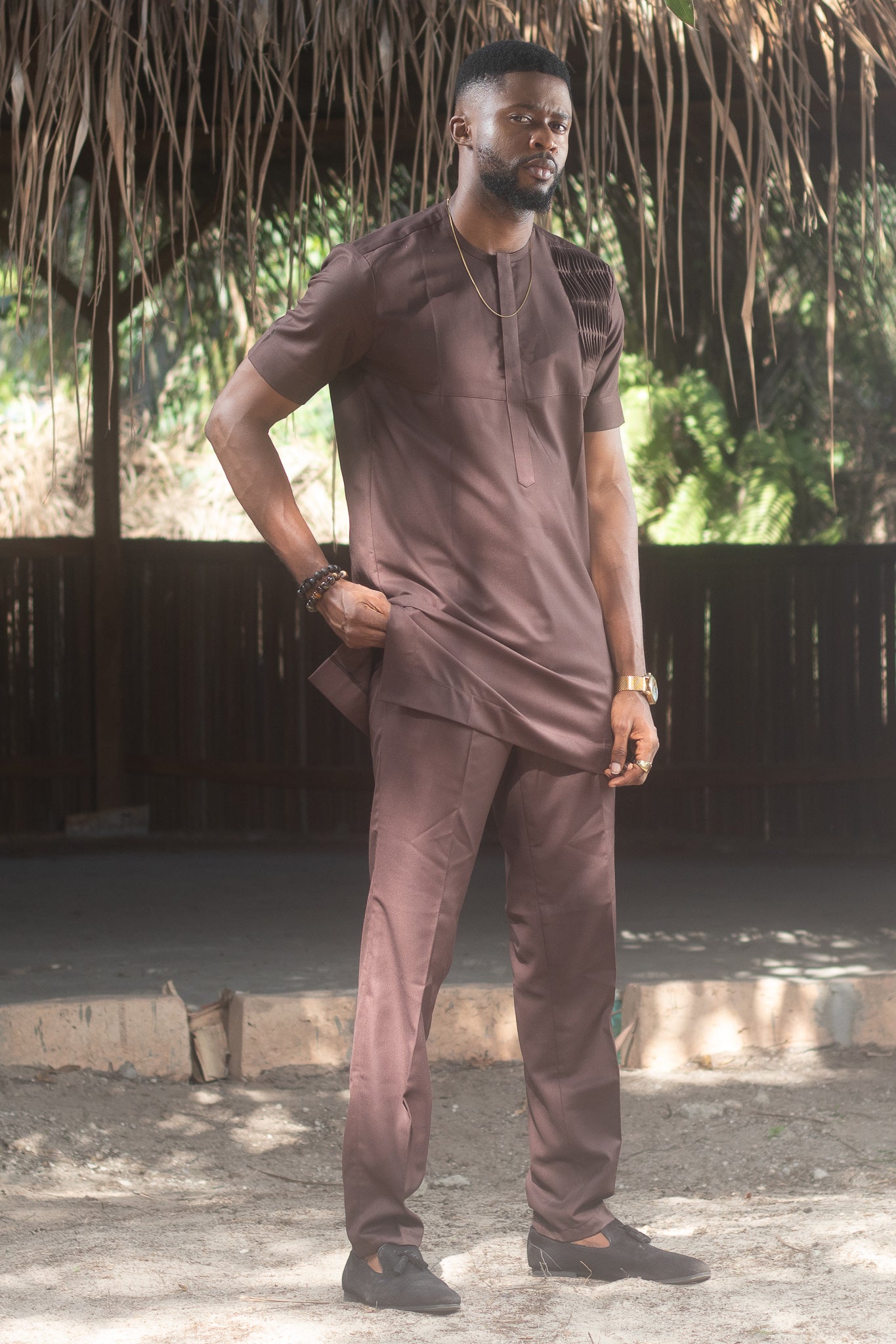 ACHOJAH African Short Sleeve Trouser Suit, Brown