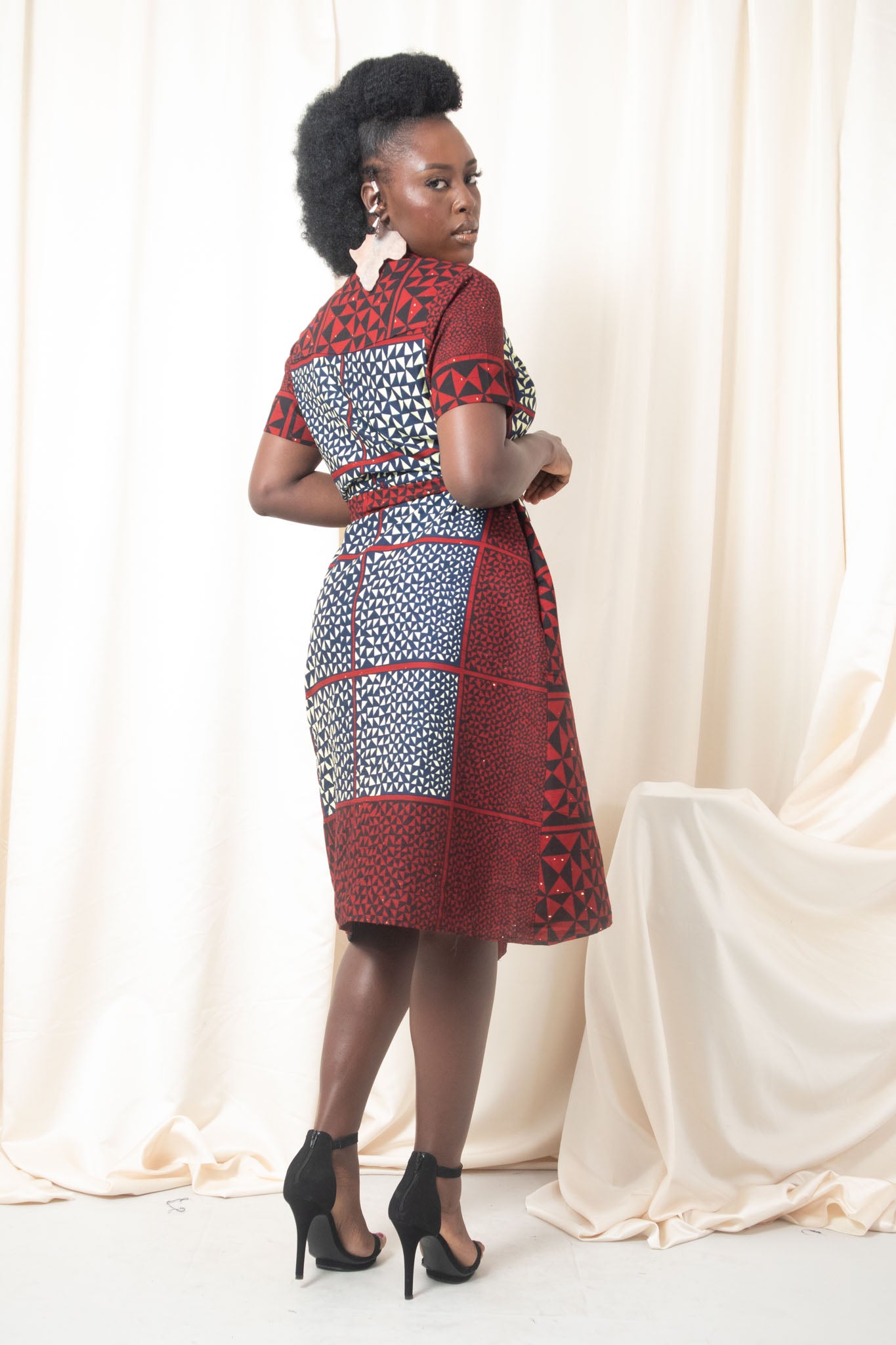 ADELOLA African Print Ankara Midi Shirt Dress - Red, Black, White