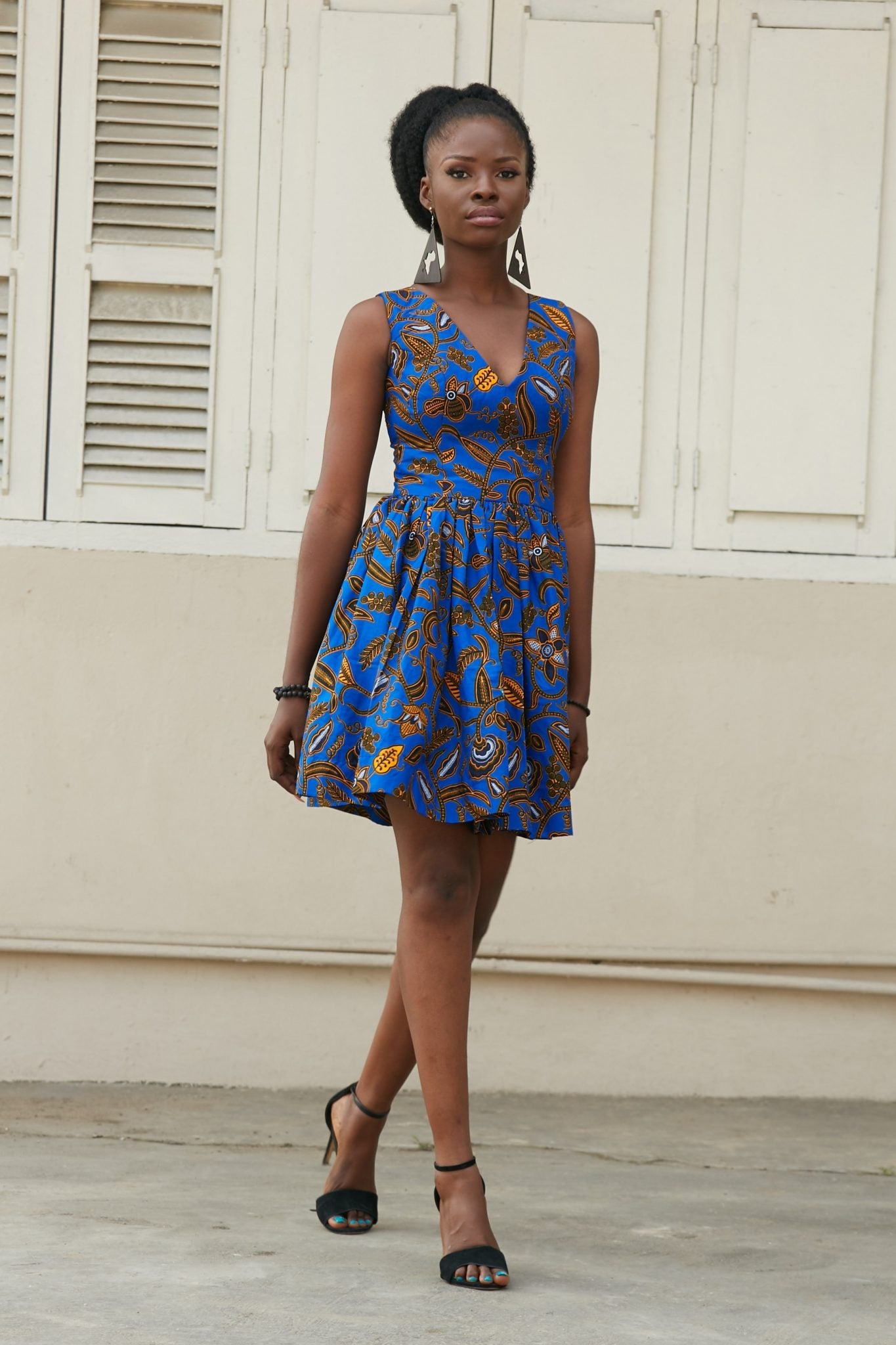 LERATO African Print Ankara Short Skater Dress (Blue)