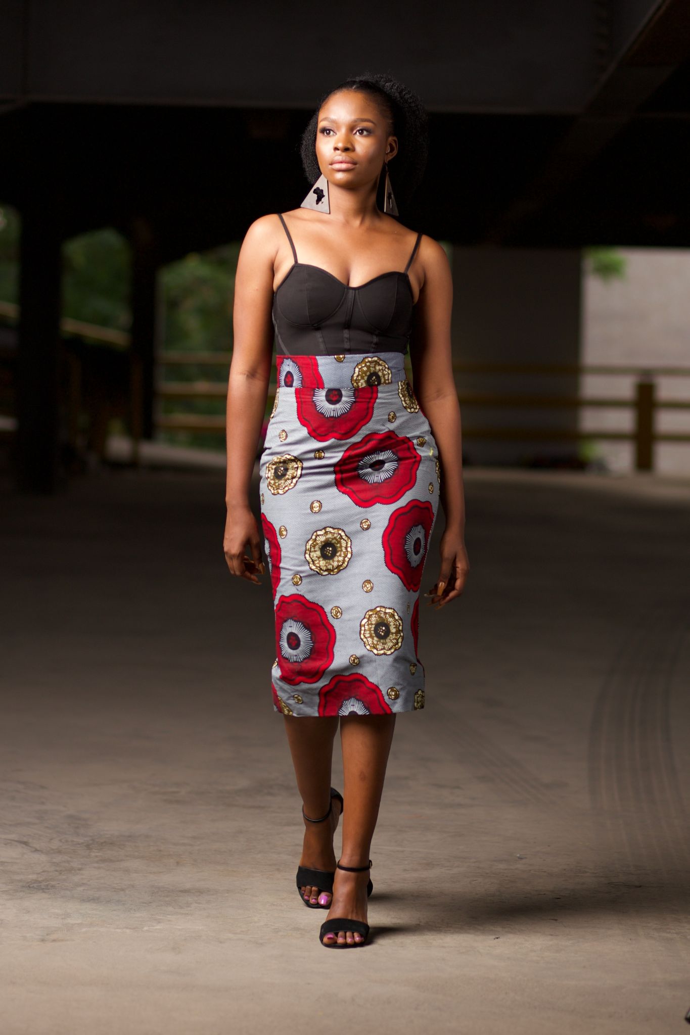 ODARO African Print Ankara Pencil Skirt (Grey, Red)
