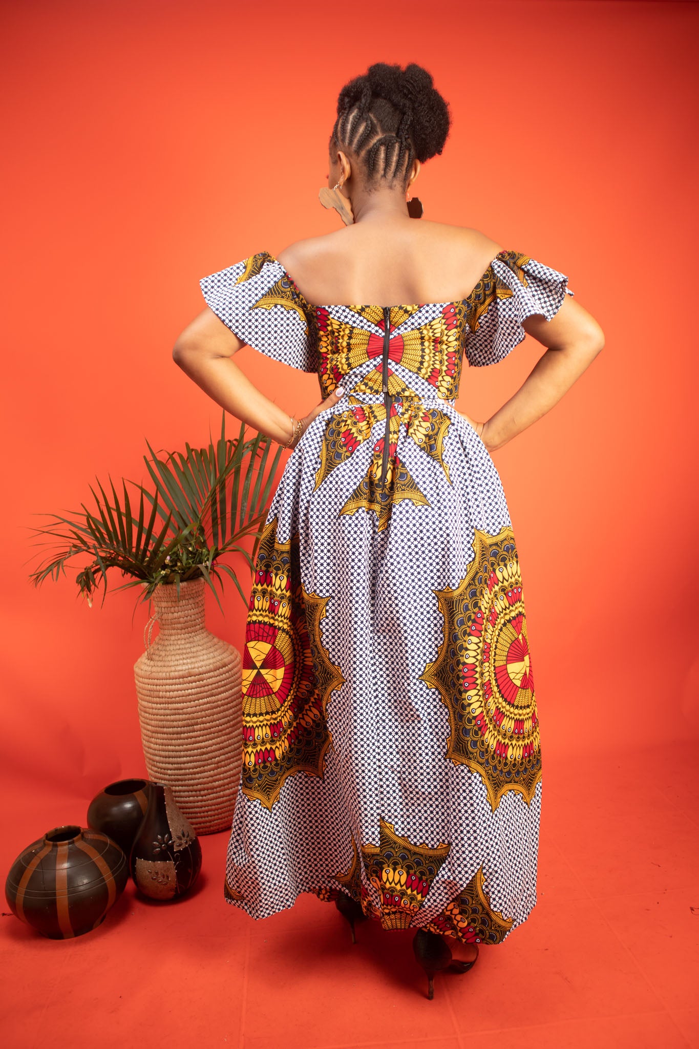 KEASHA African Print Ankara Maxi Skirt with Side Split, White