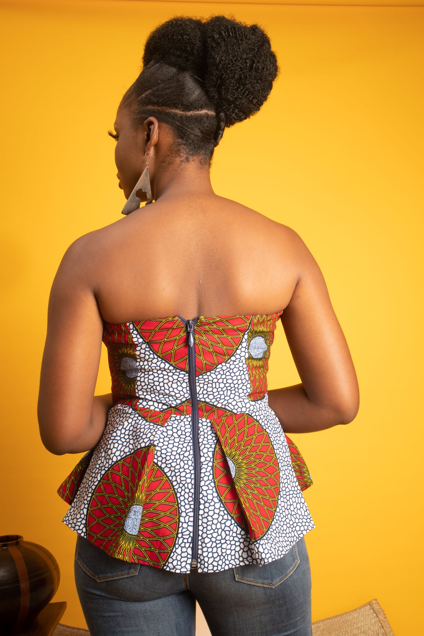 DALILA African Print Ankara Strapless Peplum Top, (White Red)