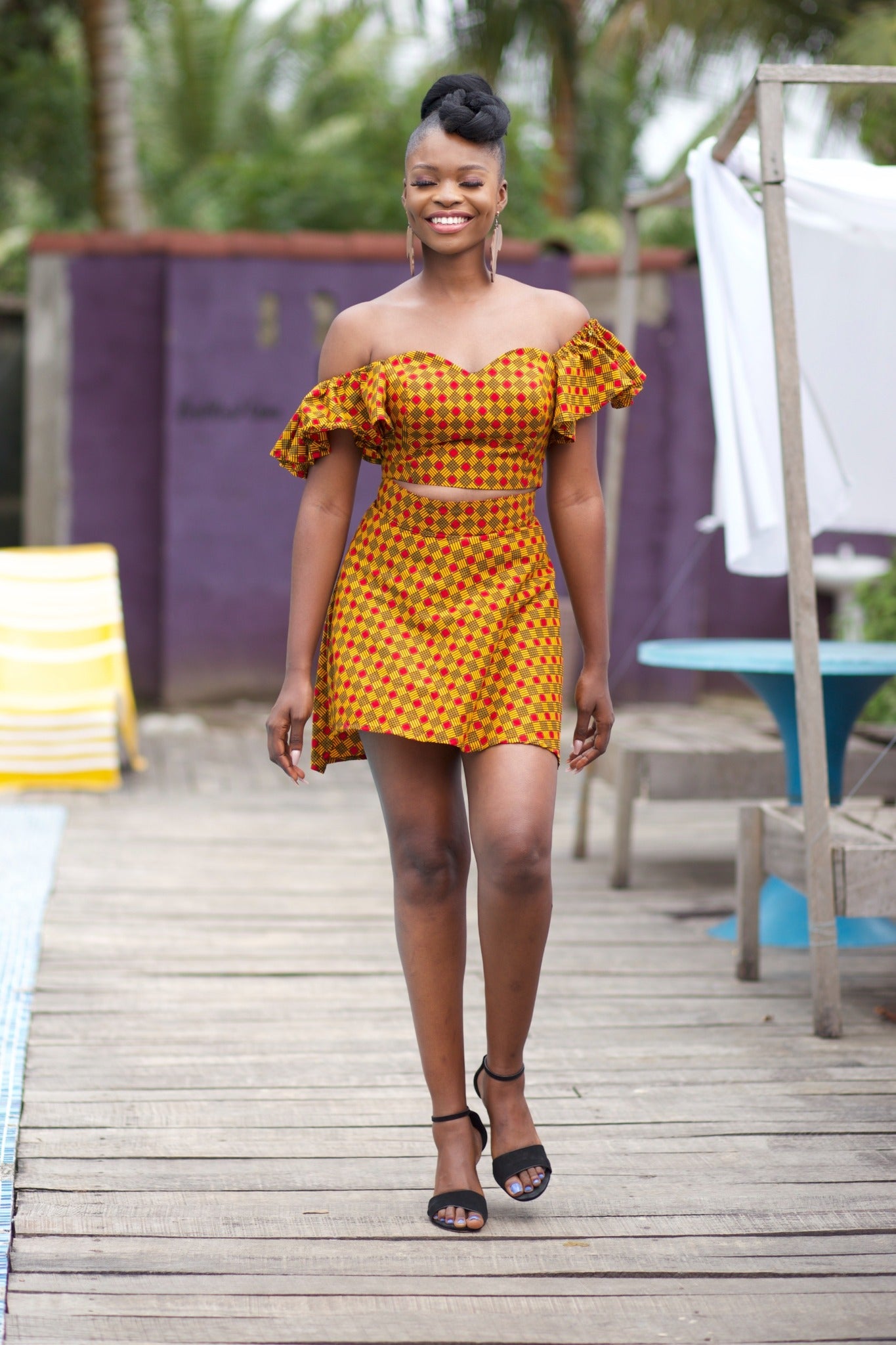 AYANDA African Print Ankara Off Shoulder Crop Top (Yellow)
