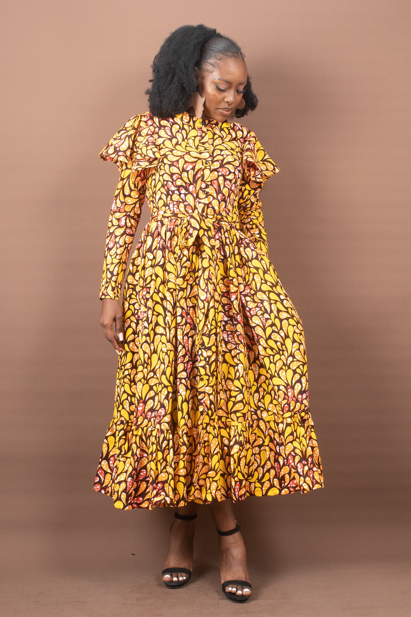 AHYANA African Print Ankara Midi Shirt Dress, Yellow